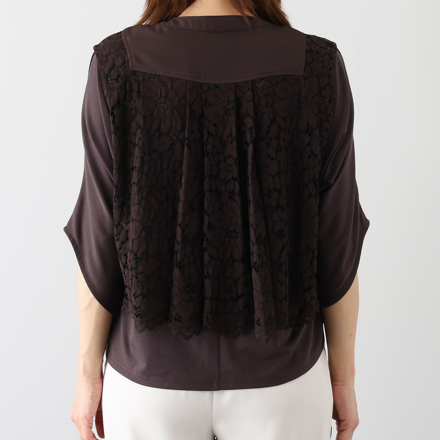 シルバーミントシュガー レース＆フィブリルツイル ブラウス風ベストと ドルマンスリーブ デザインプルオーバー アンサンブル
