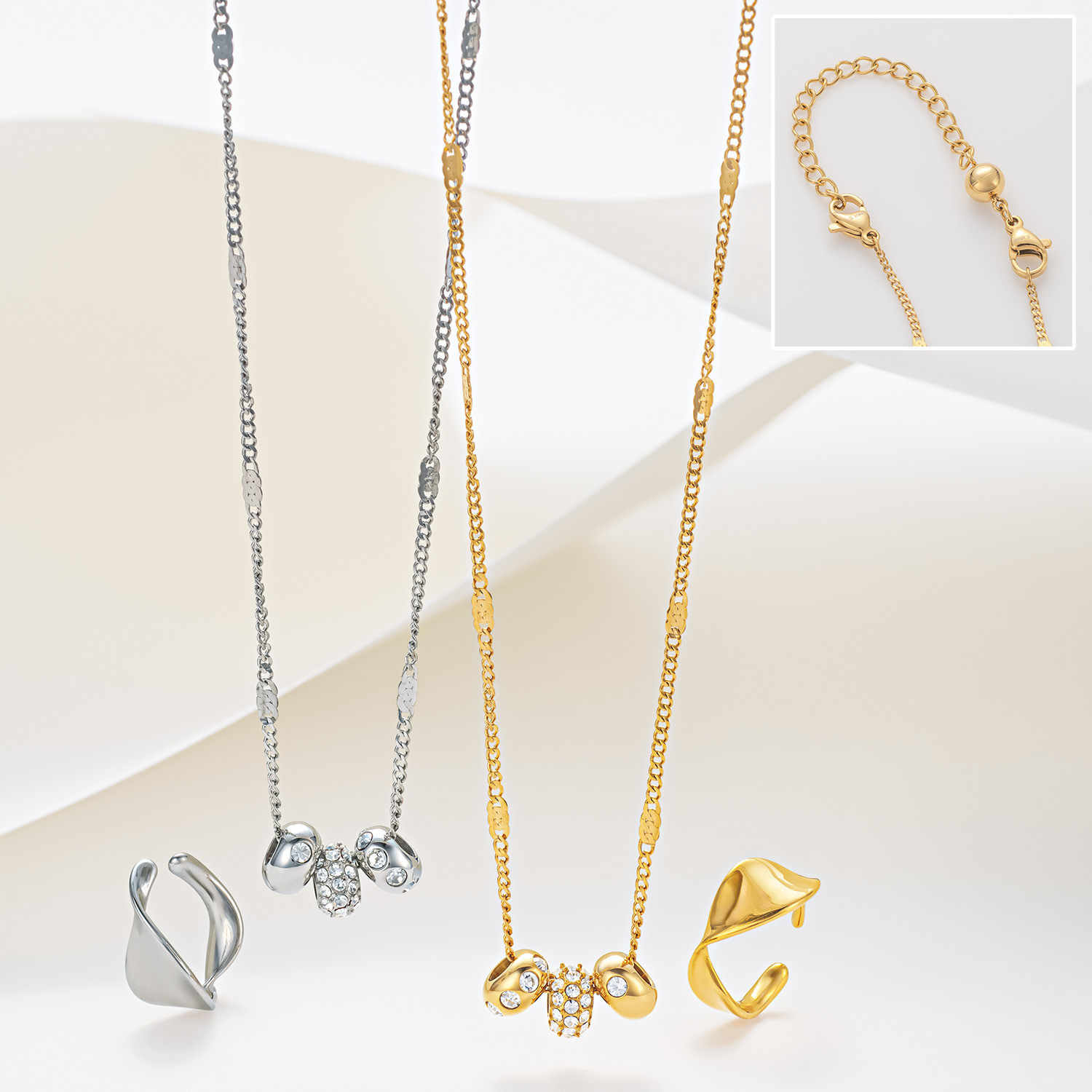 キラレ プレシオサ社製 クリスタルガラス トリプルロンデル ミラープレスペンダント＆ 片側用ツイストイヤーカフ キラキラ欲張りセット