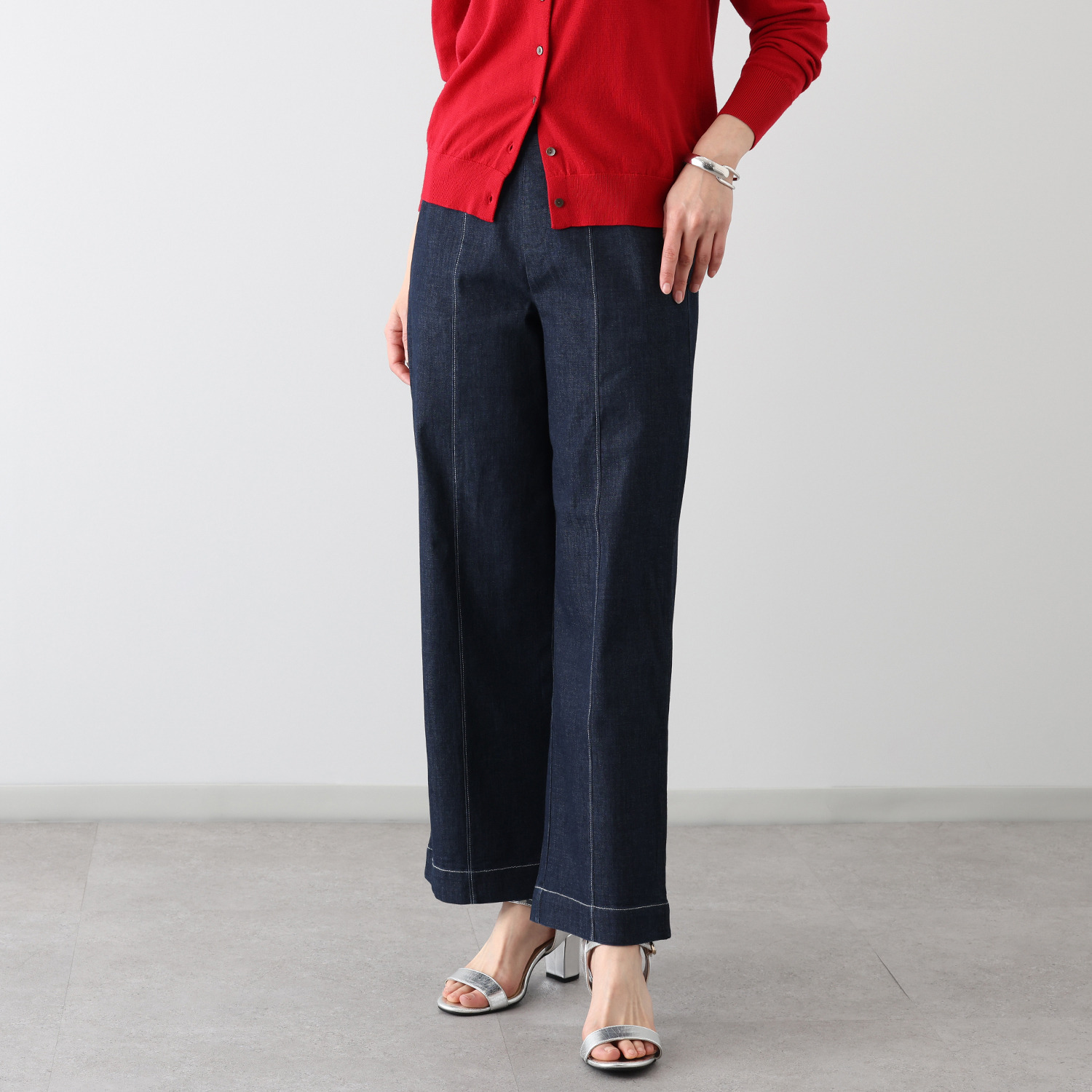 アトリエール 接触冷感・ＵＶカット コットン混 デニム切替 ワイドストレートパンツ