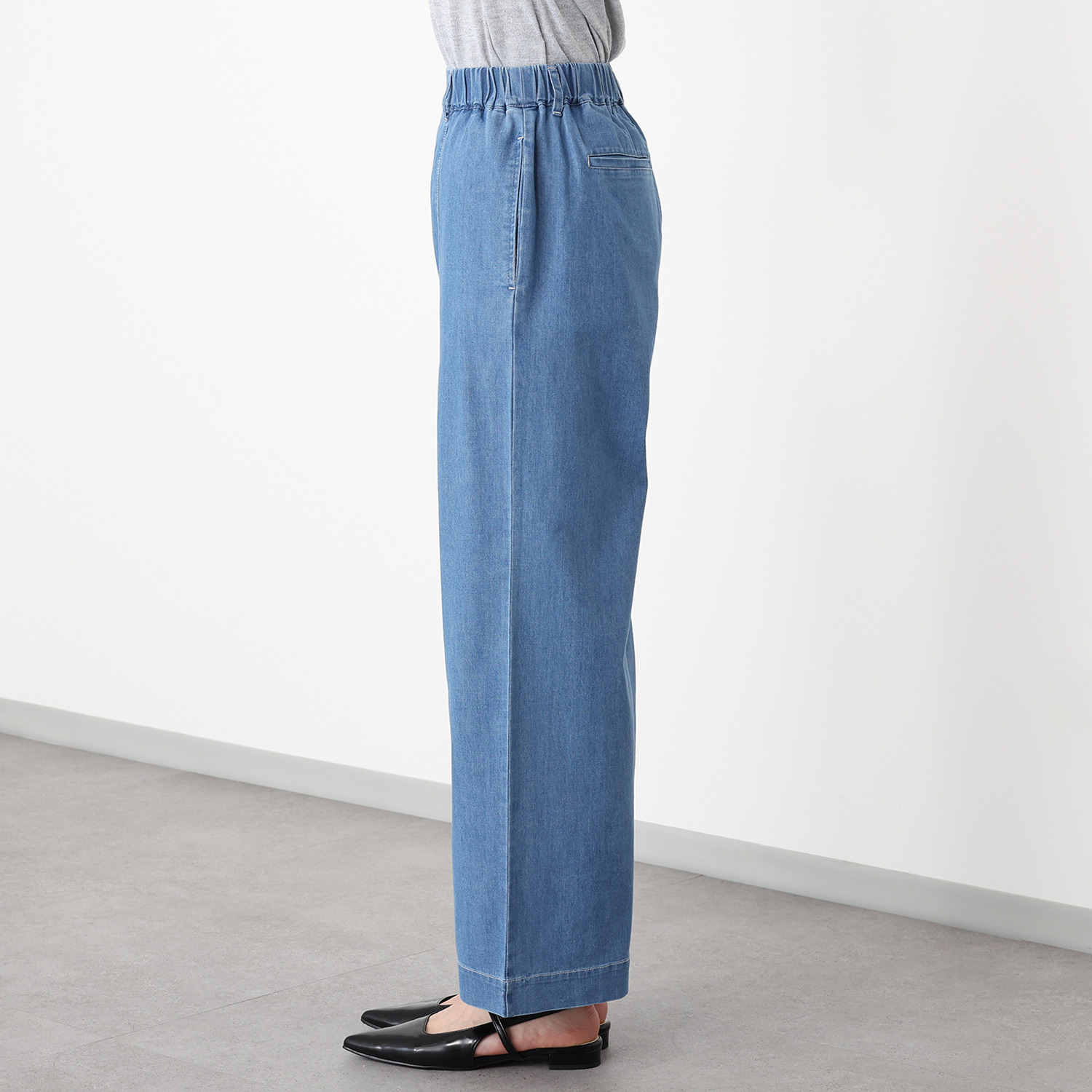アトリエール 接触冷感・ＵＶカット コットン混 デニム切替 ワイドストレートパンツ