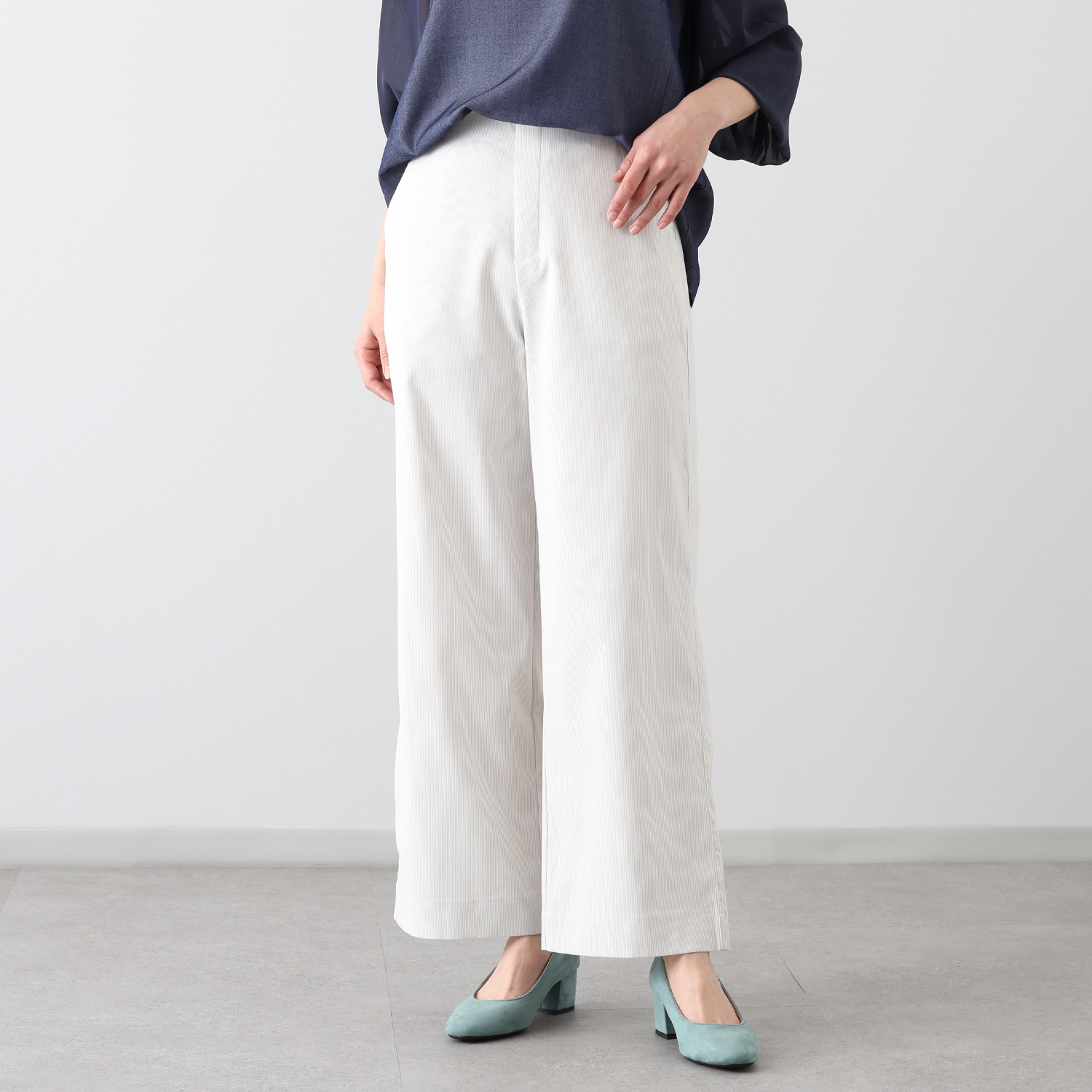 アトリエール 接触冷感・ＵＶカット ストライプストレッチ ワイドストレートパンツ
