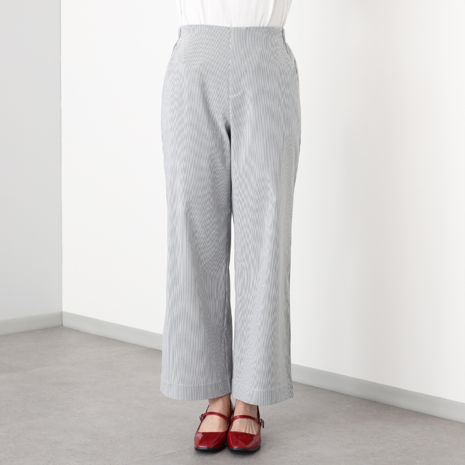 アトリエール 接触冷感・ＵＶカット ストライプストレッチ ワイドストレートパンツ