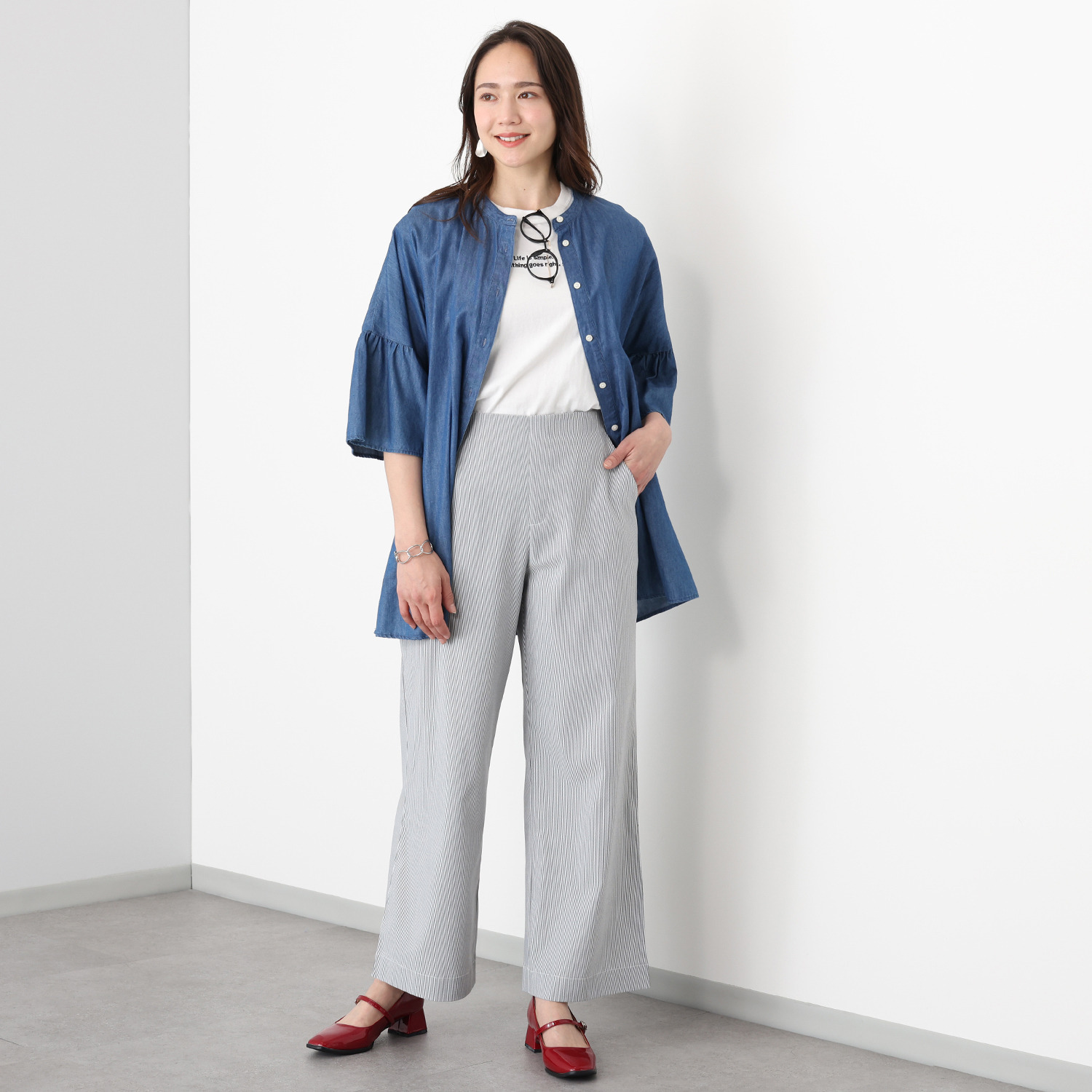 アトリエール 接触冷感・ＵＶカット ストライプストレッチ ワイドストレートパンツ