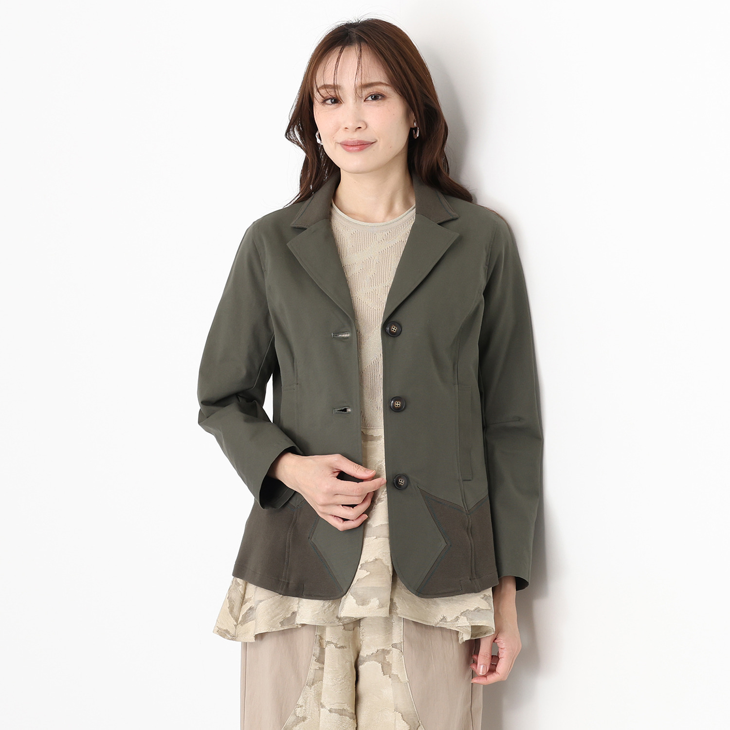 ヨシヨシ バイ　ピージェイ 異素材切替 テーラードカラー デザインジャケット