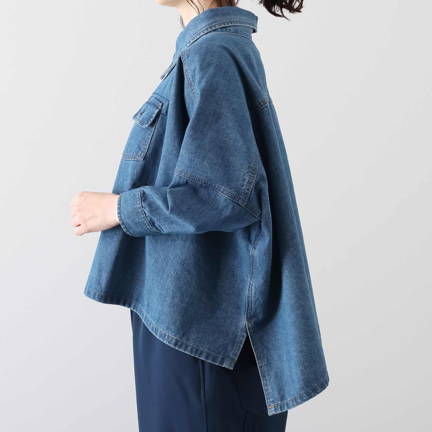 ワンピース セレクト　バイ　カワル デニムなのに柔らか！ 身頃たっぷり 体形カバー 変形デニムジャケット