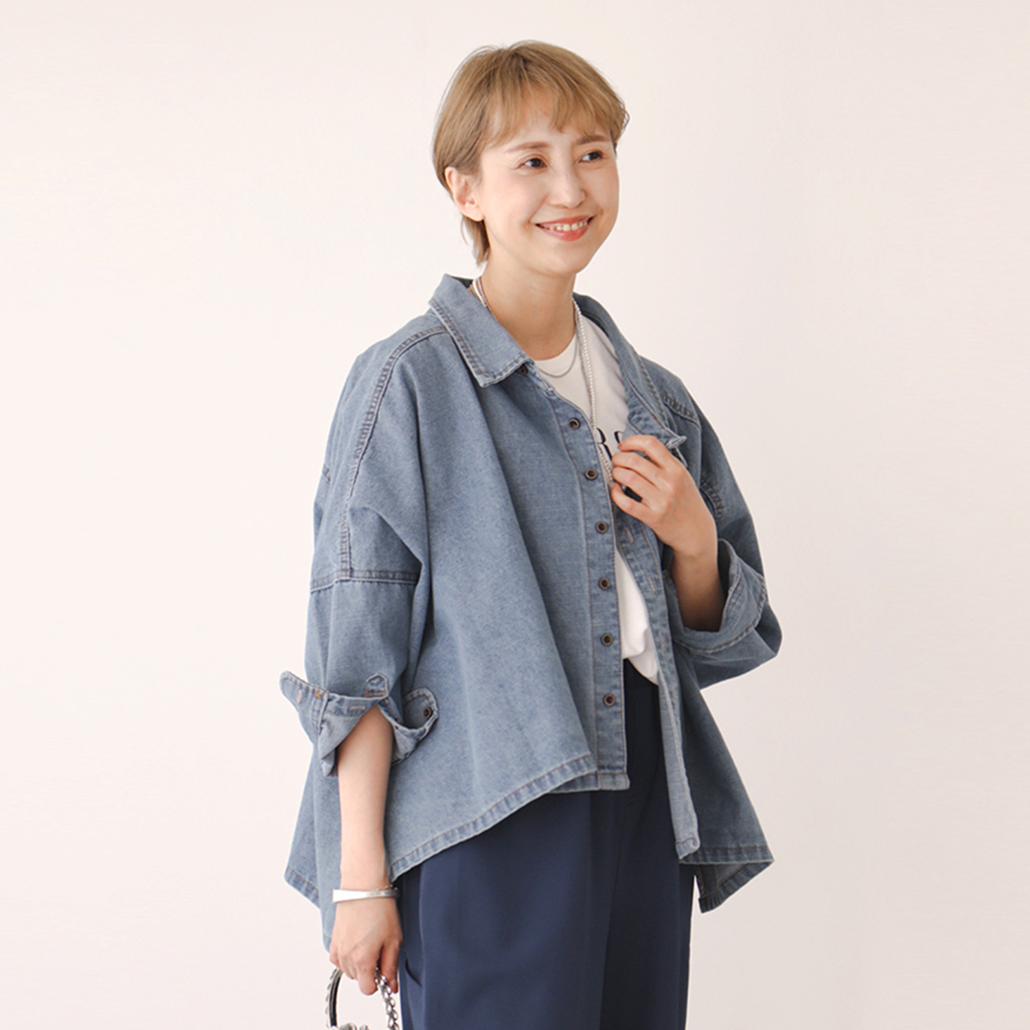 ワンピース セレクト　バイ　カワル デニムなのに柔らか！ 身頃たっぷり 体形カバー 変形デニムジャケット