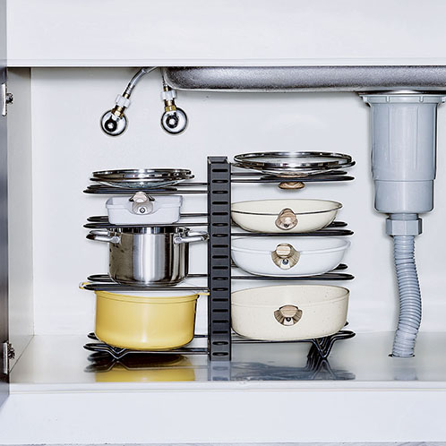 高さ調節できる シンク下収納ラック＆ ３ＷＡＹ フライパンスタンドセット