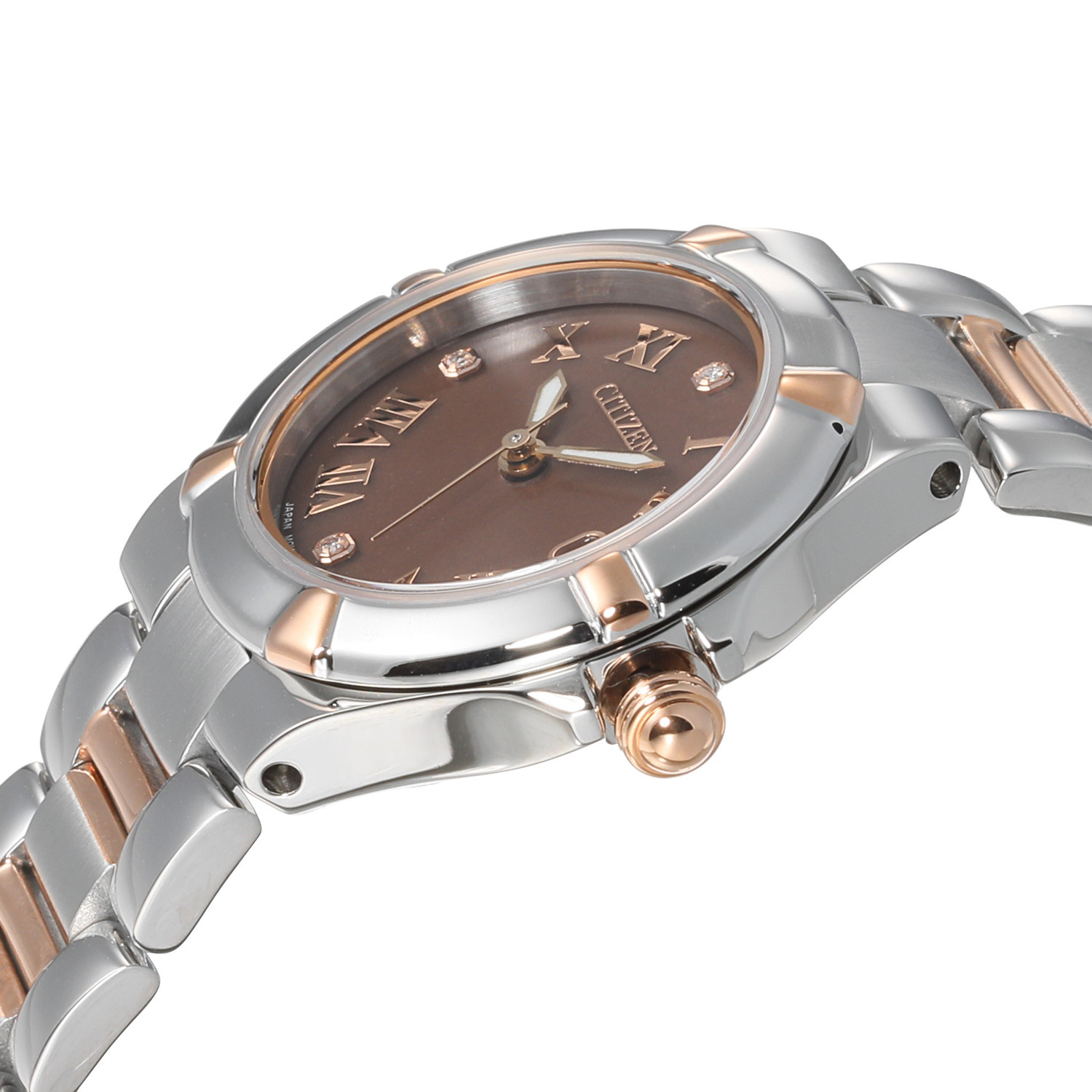 シチズン ３ポイントダイヤモンド ラウンドフェイス コンビメタルバンド ソーラーウォッチ ＜ブラウン＞