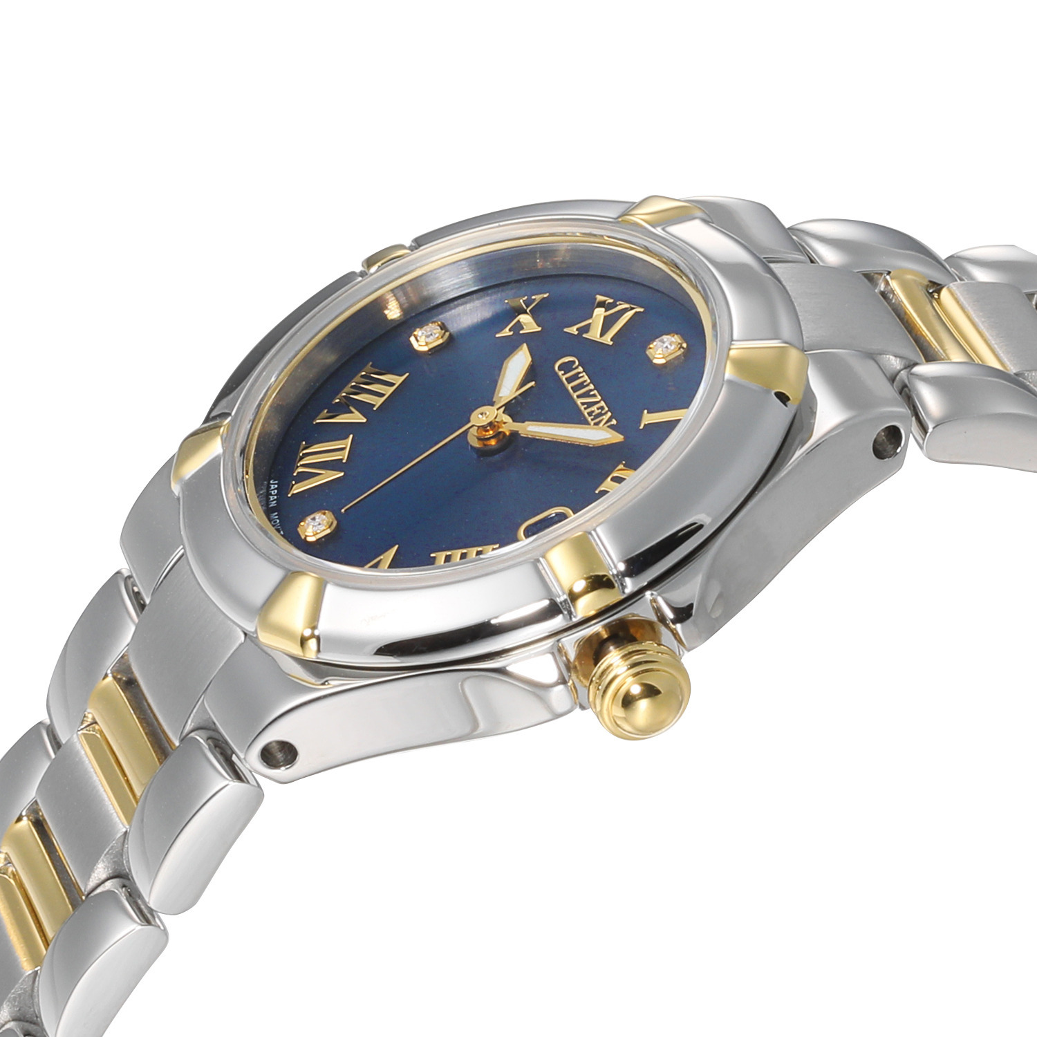 シチズン ３ポイントダイヤモンド ラウンドフェイス コンビメタルバンド ソーラーウォッチ ＜ネイビー＞