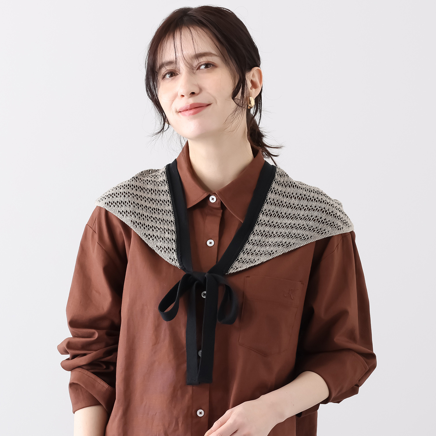 ベル・モード 日本製 綿混スクエアレースの 三角ニットストール