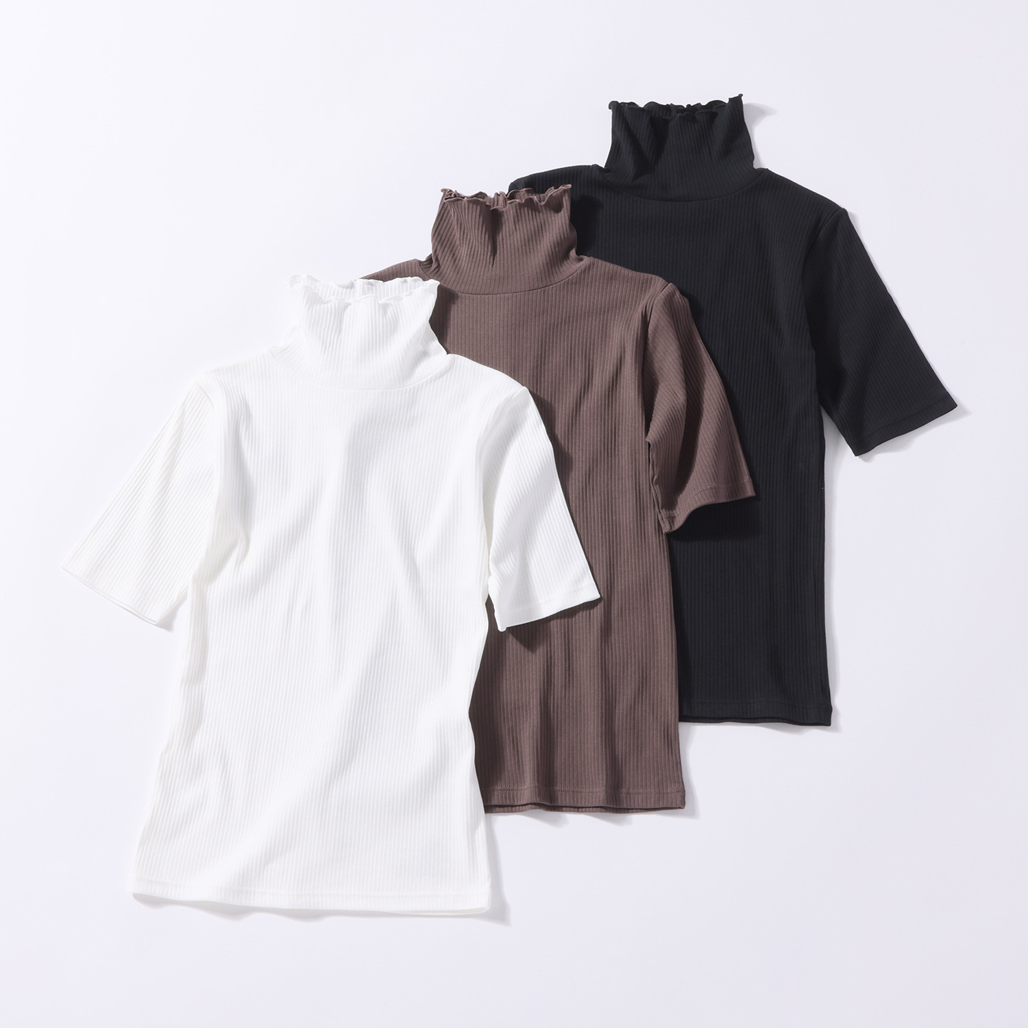 ジュエル オーガニックコットン混 ストレッチリブ編 ハイネック 五分袖インナー３枚セット