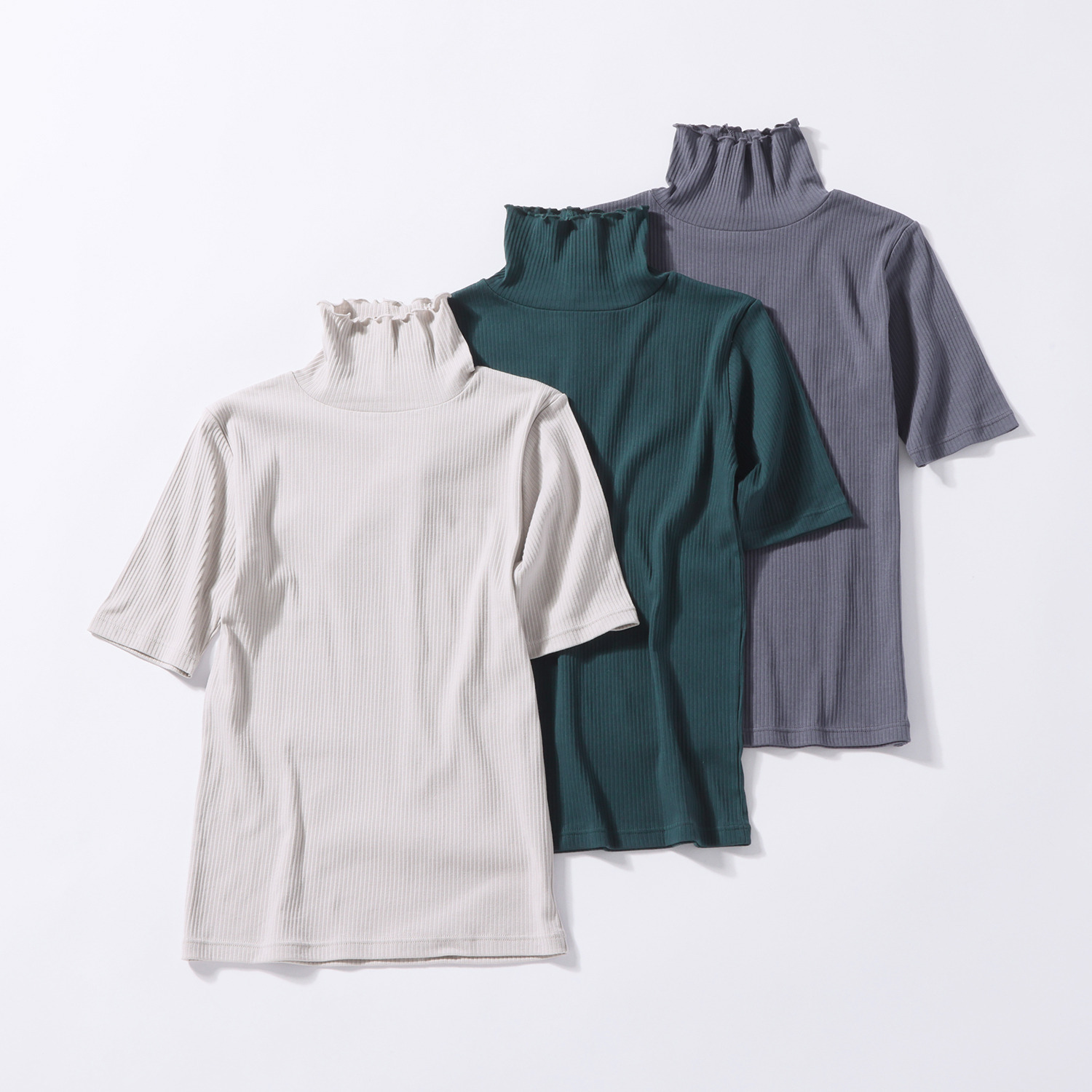 ジュエル オーガニックコットン混 ストレッチリブ編 ハイネック 五分袖インナー３枚セット