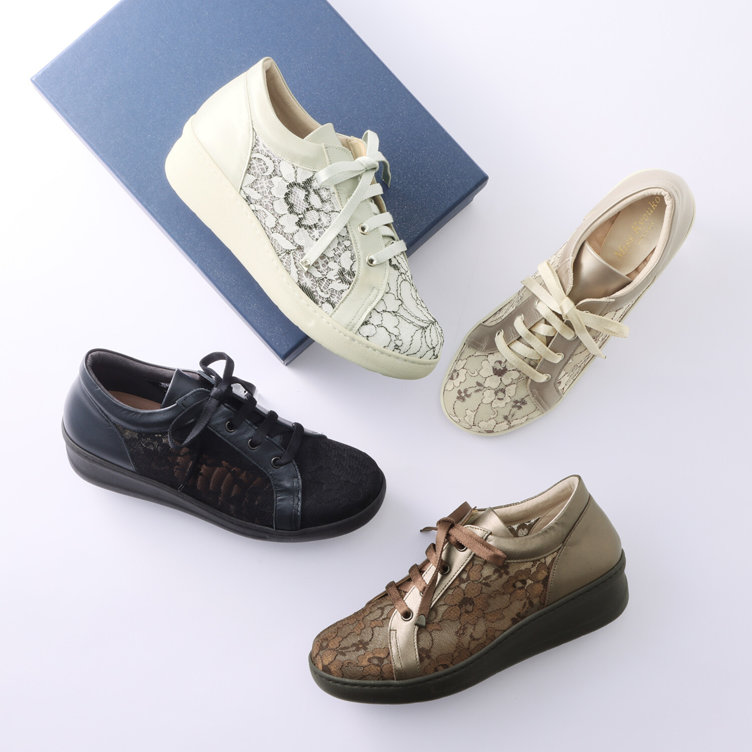 ミスキョウコ 日本製 ソフト牛革 フラワーレース オパンケスニーカー