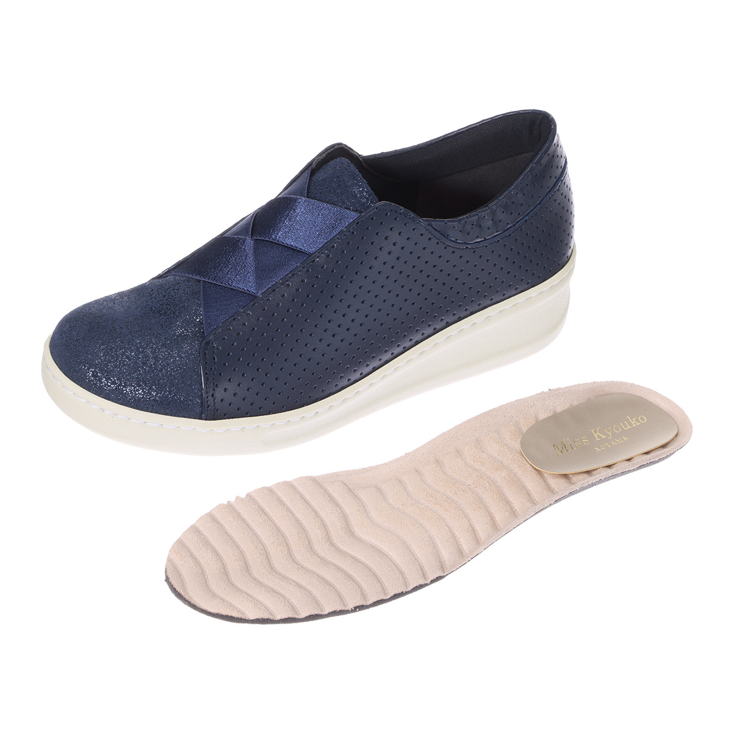 ミスキョウコ 日本製 ソフト牛革 クロスゴムパンチング柄 オパンケスニーカー