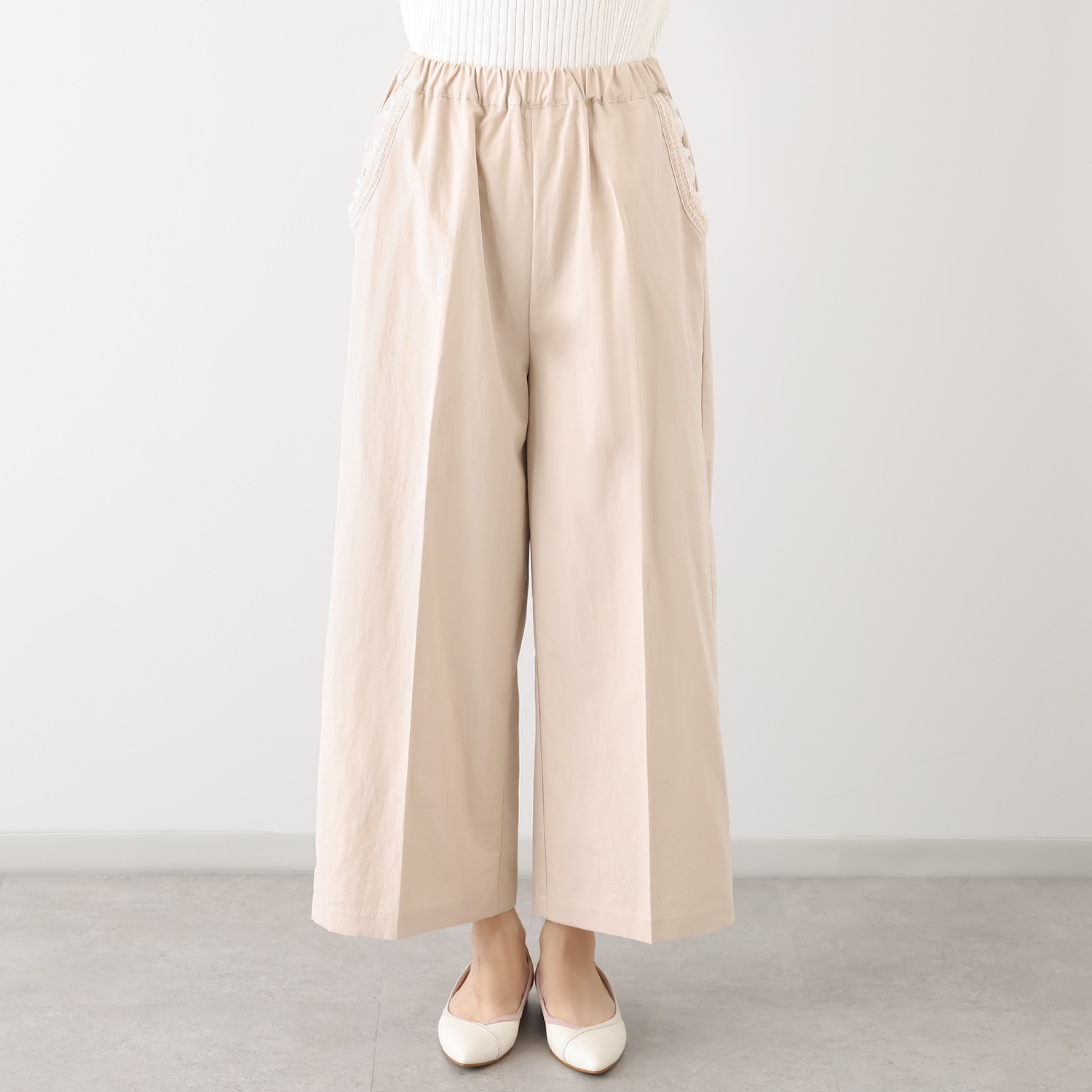 マルティジャーニ 日本製　匠の技 コットンリネン 部分ツイードジャガード ワイドパンツ