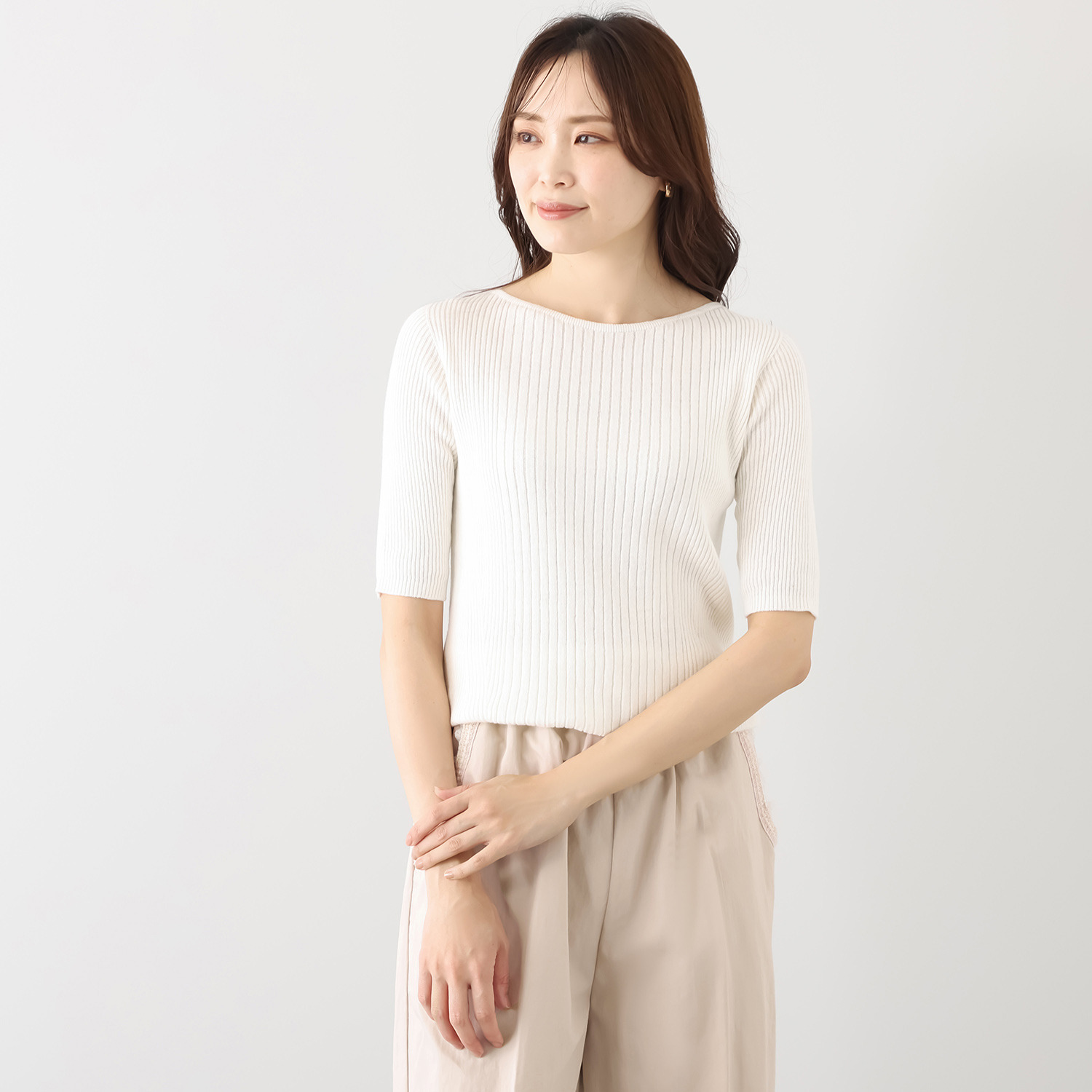 マルティジャーニ 日本製　匠の技　立体編 コットンリネンラミー ランダムリブ 五分袖プルオーバー