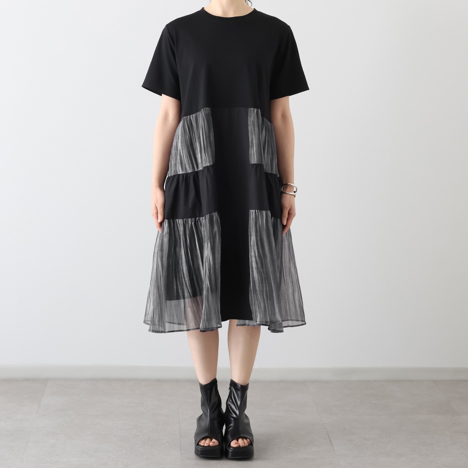 コイビトミサキ　ブラック 異素材ミックス デザインワンピース