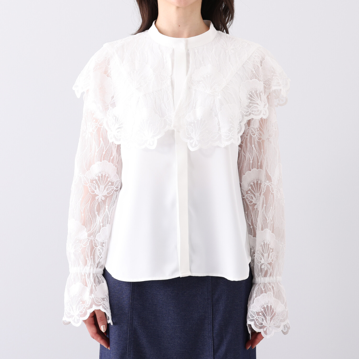 ミューリエ 大人の華やぎ レーストレンド ウイングカラーブラウス