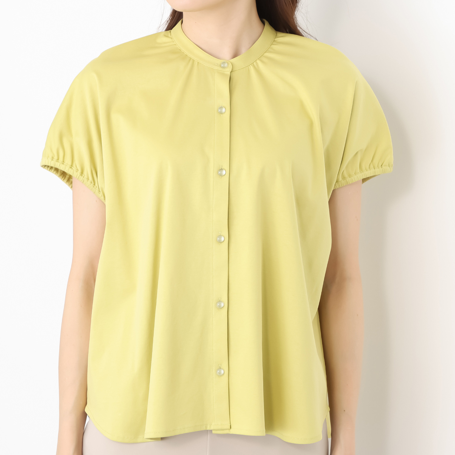 バーチ　ドゥエ 接触冷感 ギザ超長綿ブレンド シルケットスムース パフスリーブ オーバーシャツブラウス