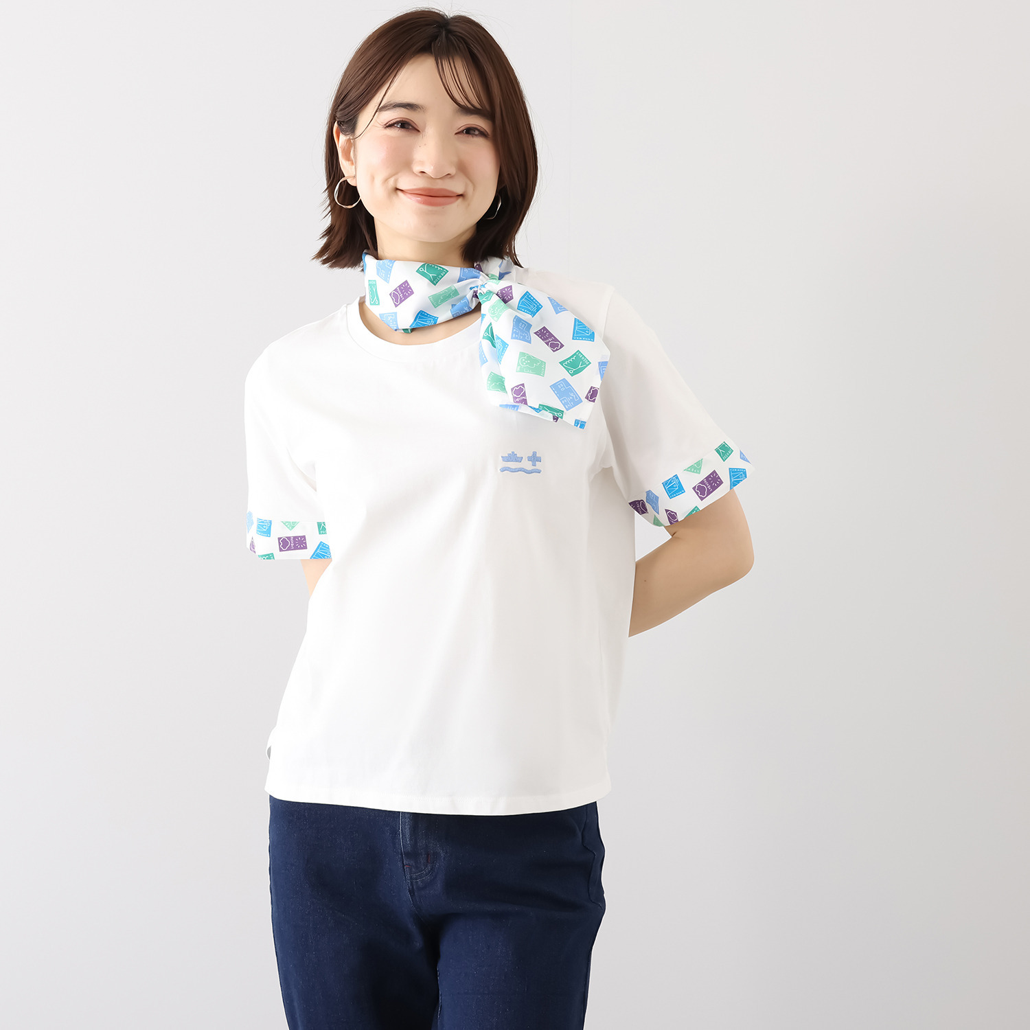 ポッシュボーイ バンダナ付 異素材切替 刺しゅうプルオーバー