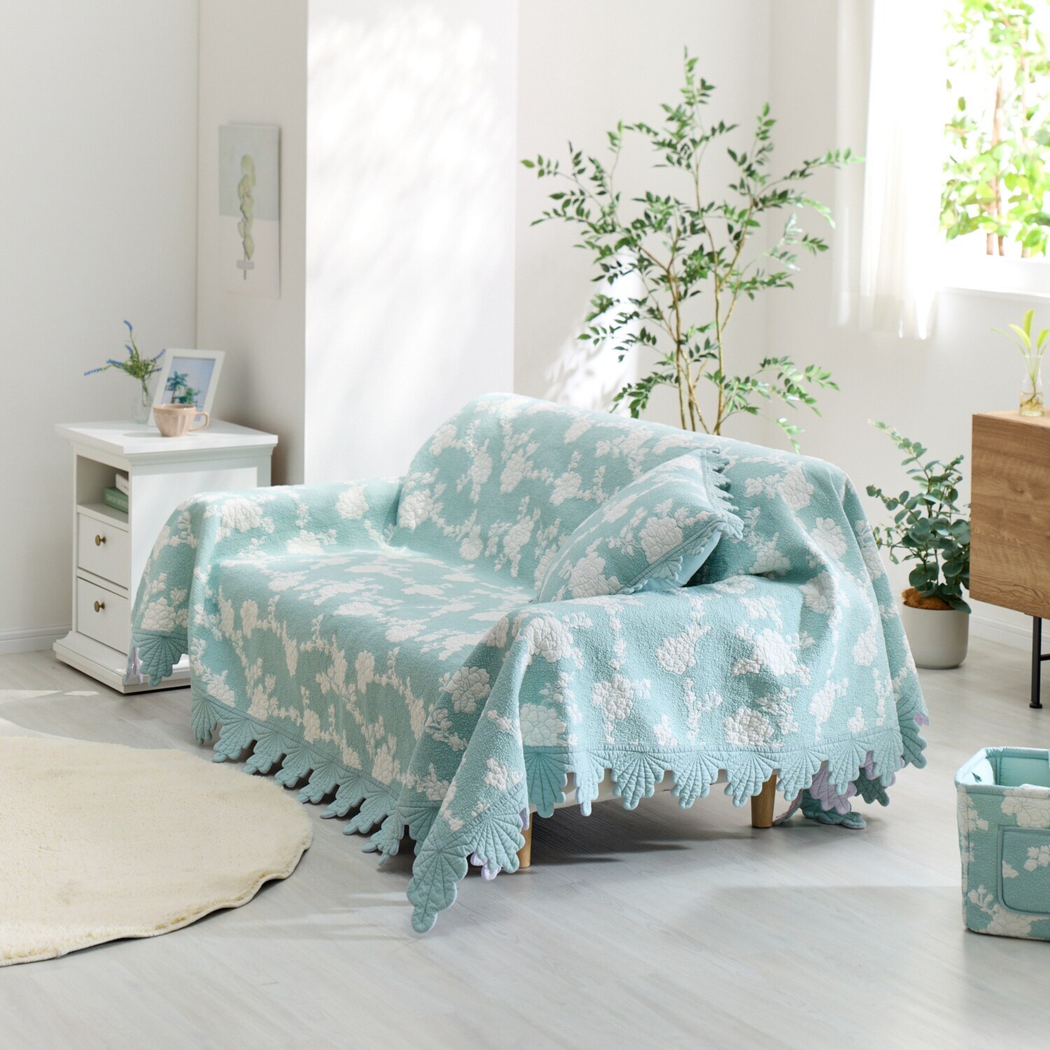 ラ・コトンメルル 綿が気持ちいい マスカットスカラップ キルトマルチカバー ＜１９０×２４０ｃｍ＞