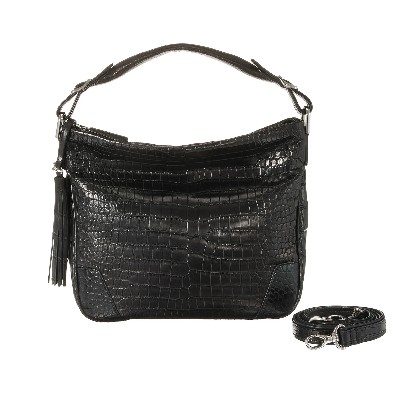 グラスクォーツ 日本製　クロコダイル タッセル＆ショルダー付 ハンドバッグ“ノービレ”