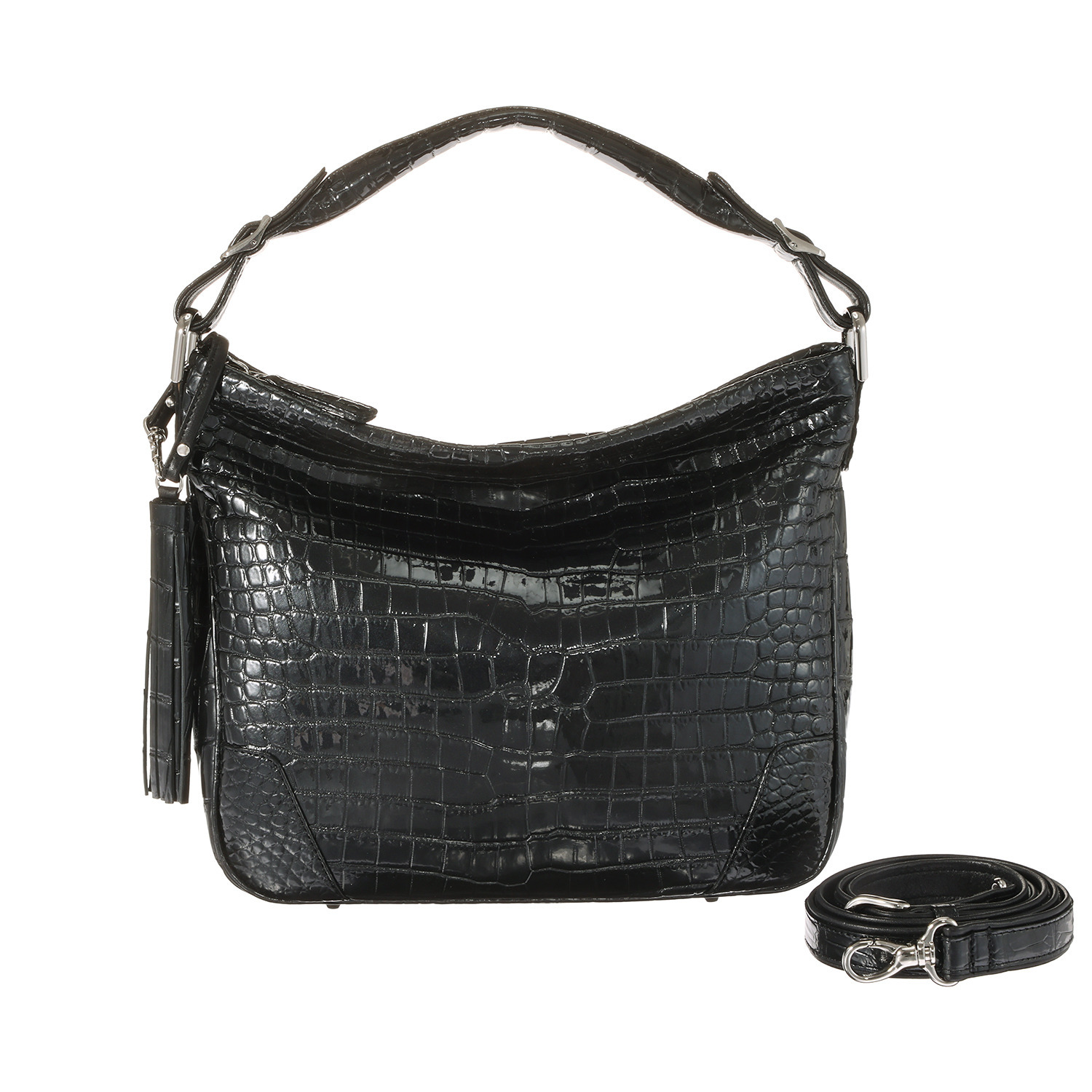 グラスクォーツ 日本製　クロコダイル タッセル＆ショルダー付 ハンドバッグ“ノービレ”