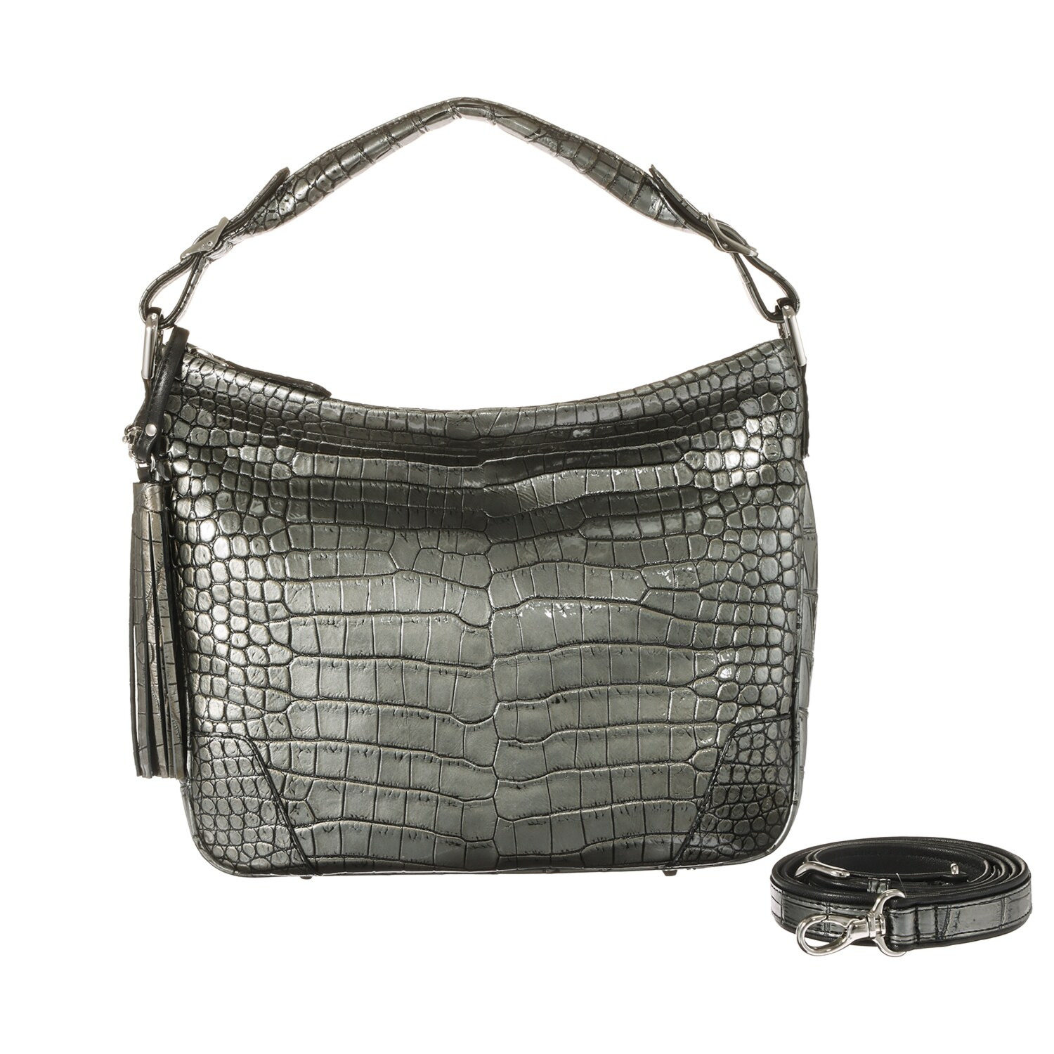 グラスクォーツ 日本製　クロコダイル タッセル＆ショルダー付 ハンドバッグ“ノービレ”