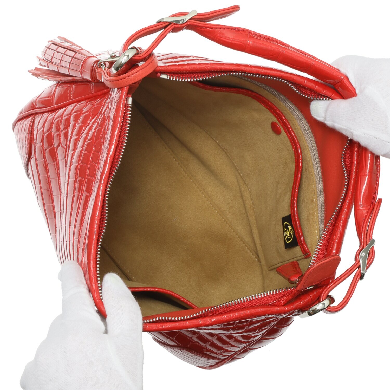 グラスクォーツ 日本製　クロコダイル タッセル＆ショルダー付 ハンドバッグ“ノービレ”