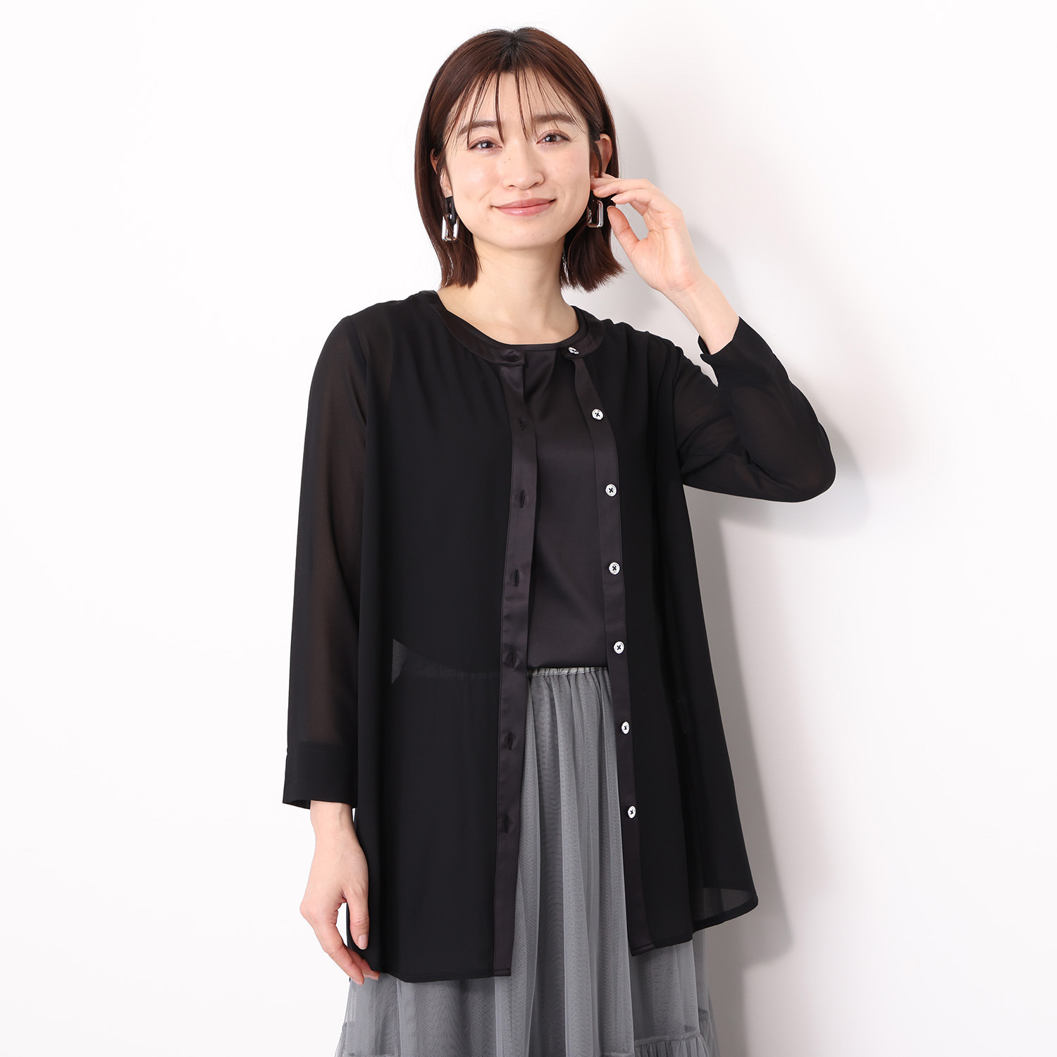 フーア サテントリミング シフォン ロングカーディガン