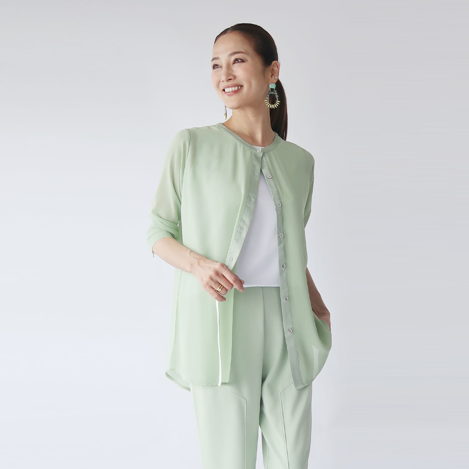 フーア サテントリミング シフォン ロングカーディガン