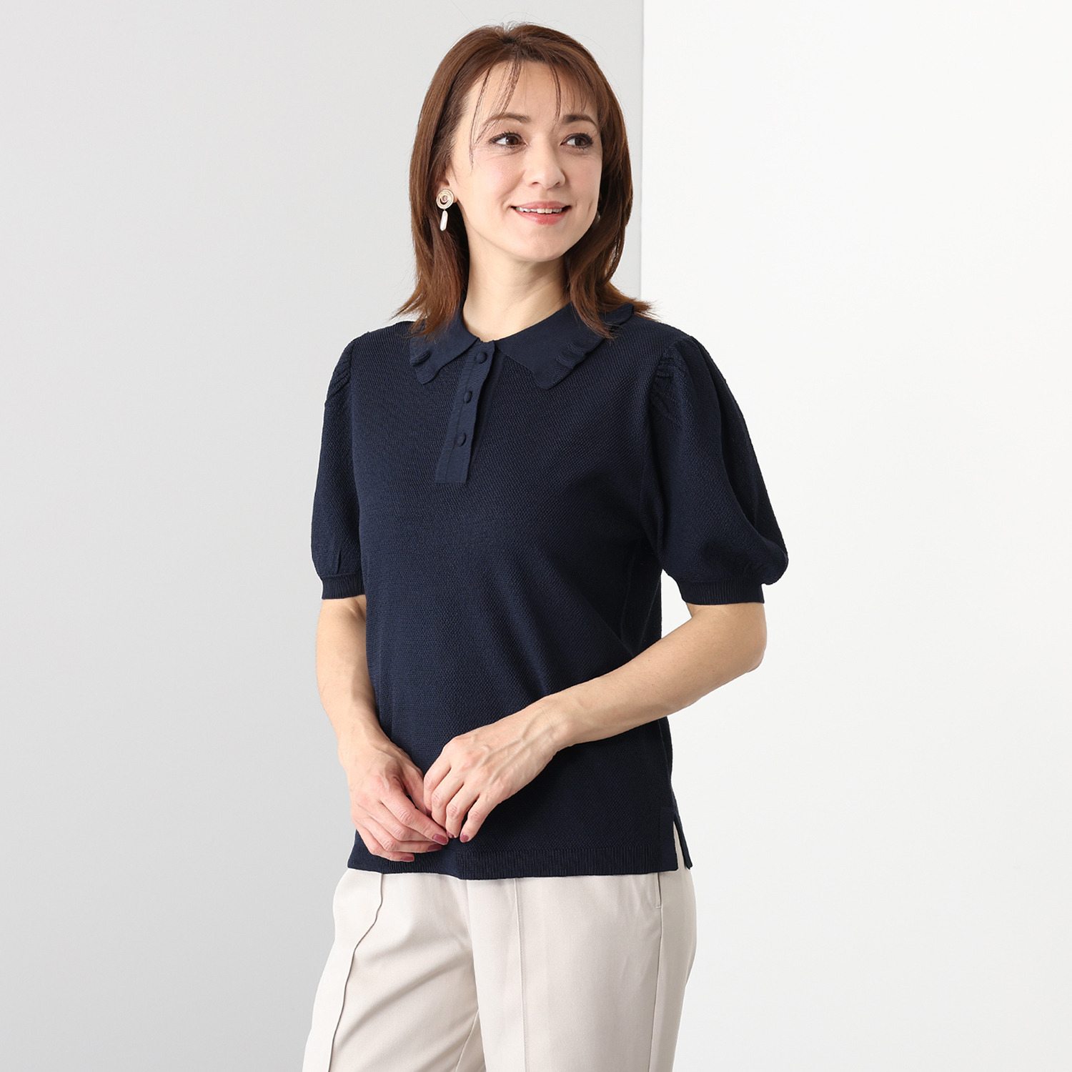 カオル　ヨネヤマ　＆　Ｋ 襟のフリルが女性らしい ニットポロシャツ