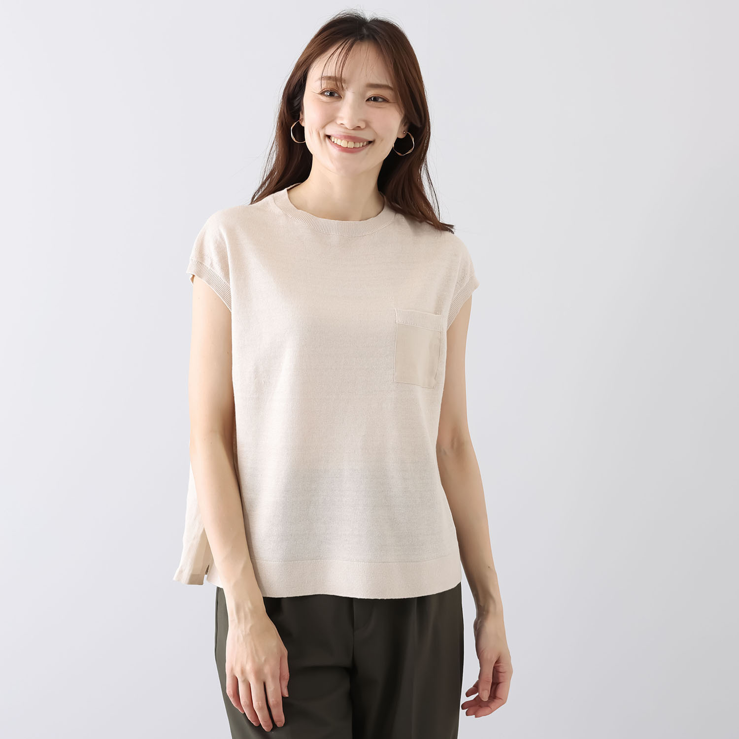 アズイズ　ビーマイセルフ バイ　ネイチャーズ リネン 布帛使い フレンチスリーブ プルオーバー