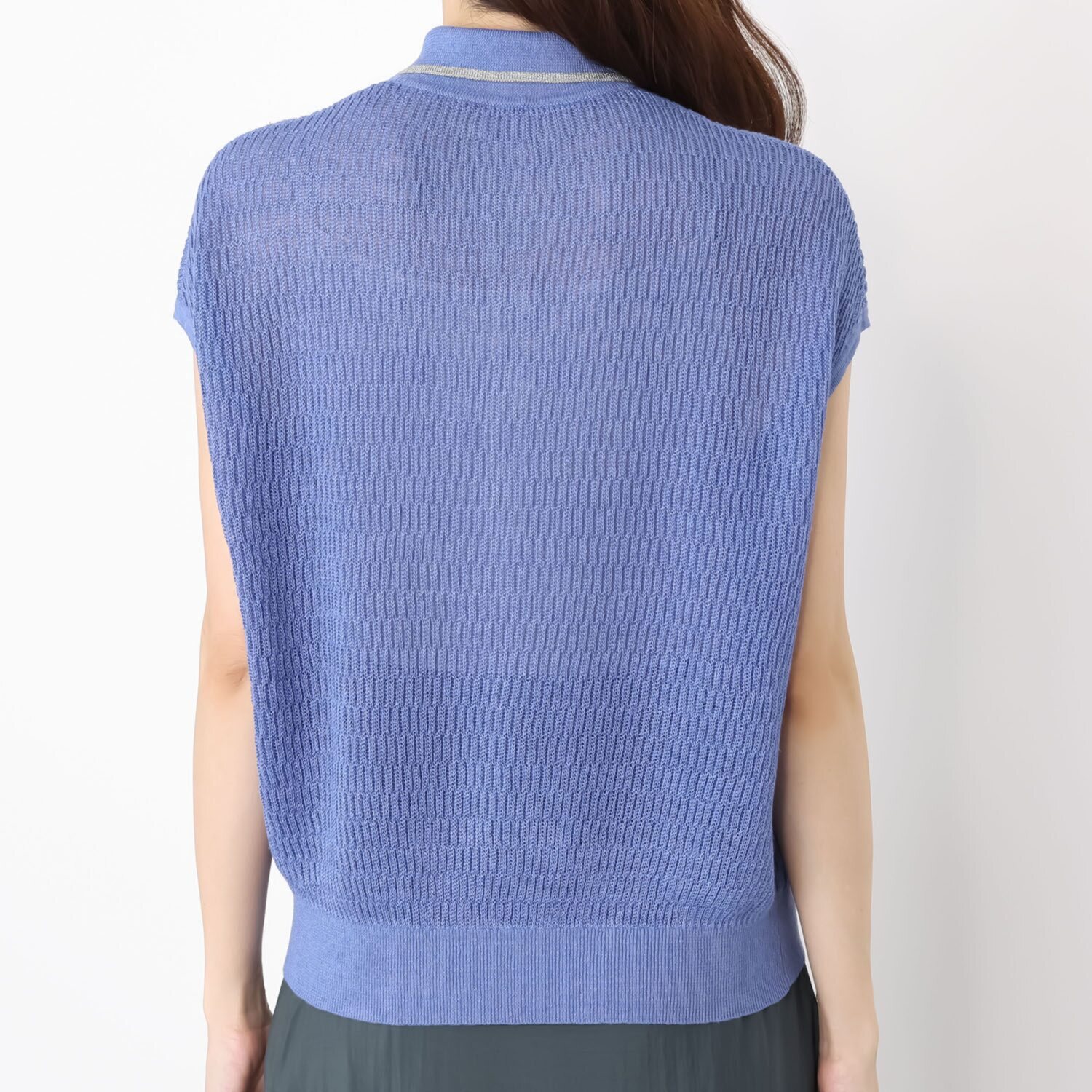 アズイズ　ビーマイセルフ バイ　ネイチャーズ リネン サーマル柄　ポロ襟 フレンチスリーブ プルオーバー