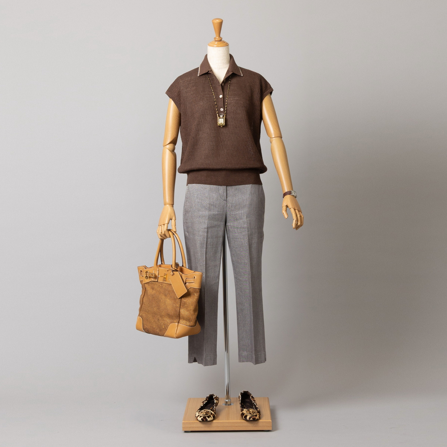 アズイズ　ビーマイセルフ バイ　ネイチャーズ リネン サーマル柄　ポロ襟 フレンチスリーブ プルオーバー