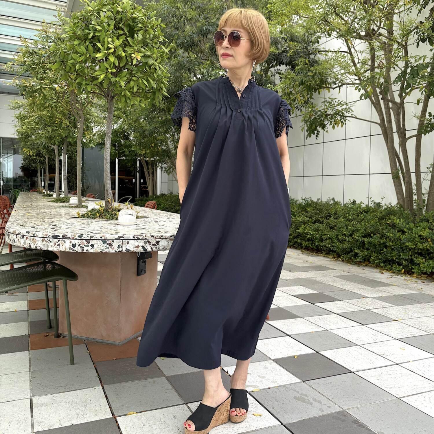 ボン・ブリコラージュ バイ　レイコ・ホウセンジ シンプルで甘すぎない 旬の大人レース袖 軽やか縦長ワンピース