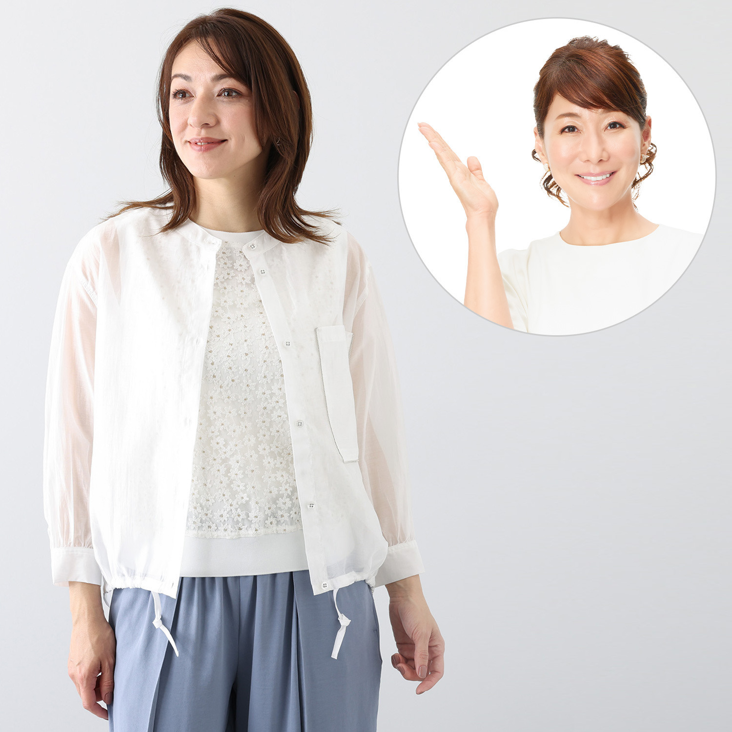 ラヴィーコンフォート シアー素材 ビーズパイピング＆ バックアクセント バンドカラーブラウス