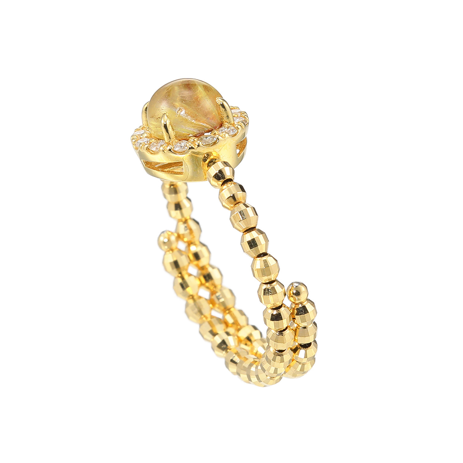 １８Ｋ ゴールデンルチルクォーツ キャッツアイ＆ ダイヤモンド 形状記憶リング