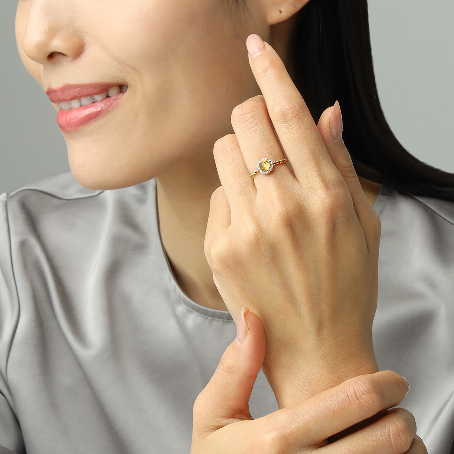 １８Ｋ ゴールデンルチルクォーツ キャッツアイ＆ ダイヤモンド 形状記憶リング