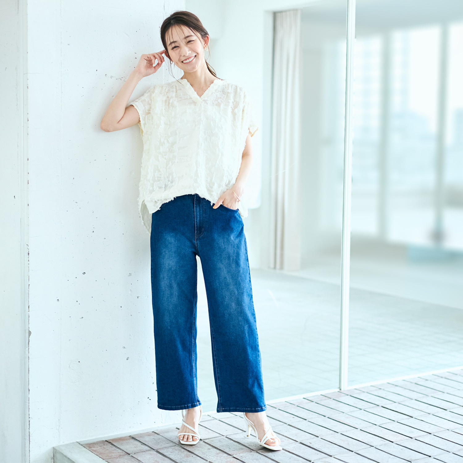 ルナリア 快適！ はっ水ストレッチデニム セミワイドパンツ