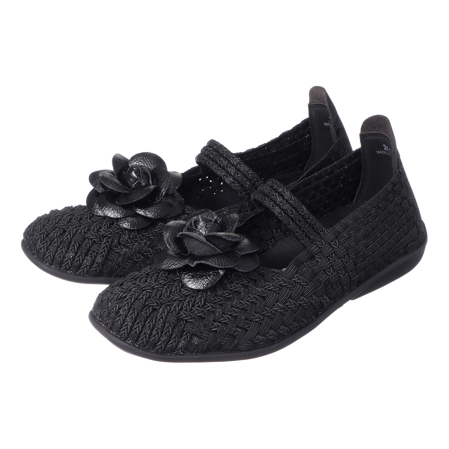 ゴムゴム 手作りコサージュ付 足に吸い付く履き心地 綺麗見せフラットシューズ