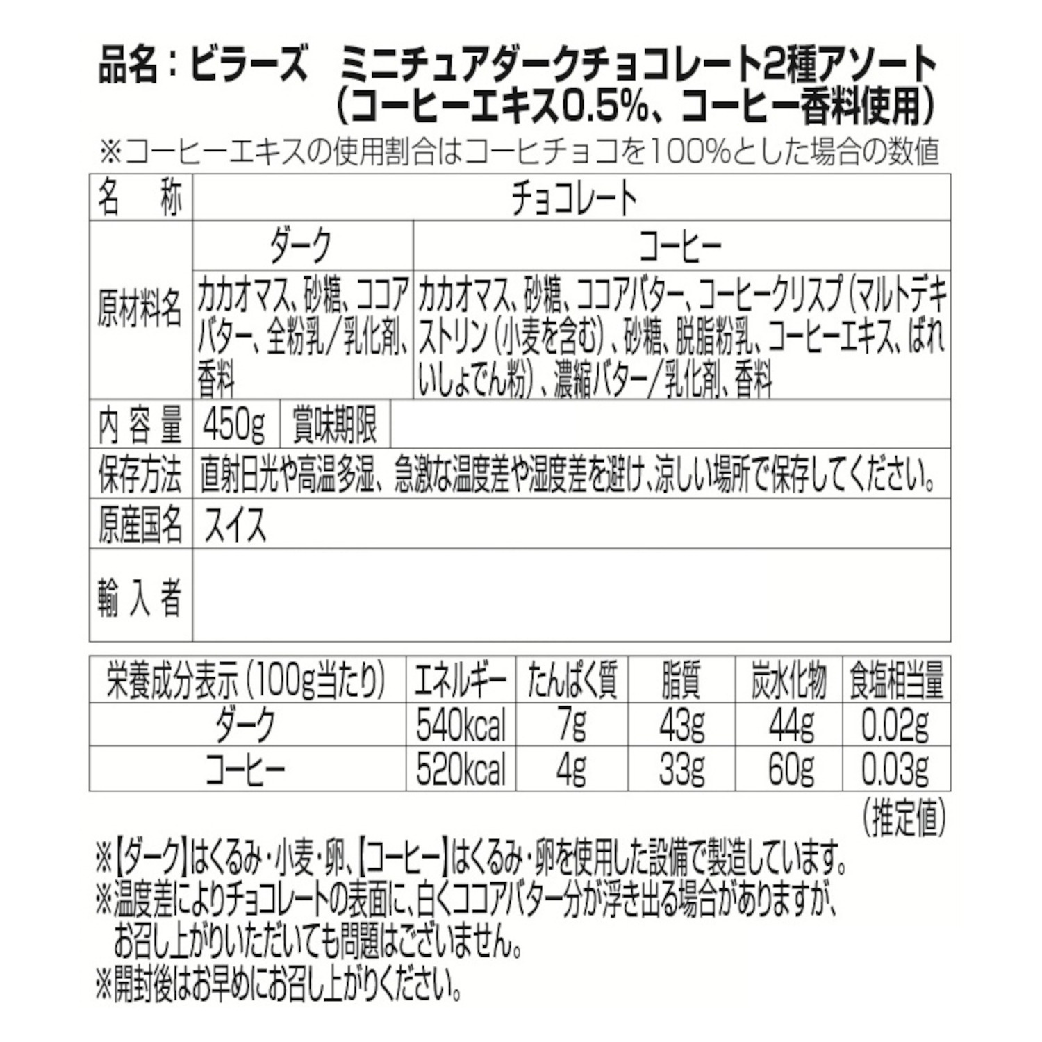 ビラーズ スイスチョコレート ２種アソート（ダーク）