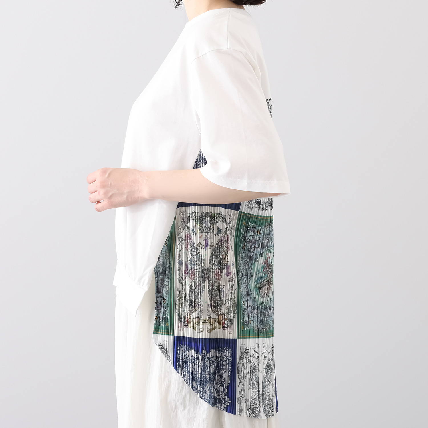 スカラー スカーフ柄プリーツ 切替プルオーバー