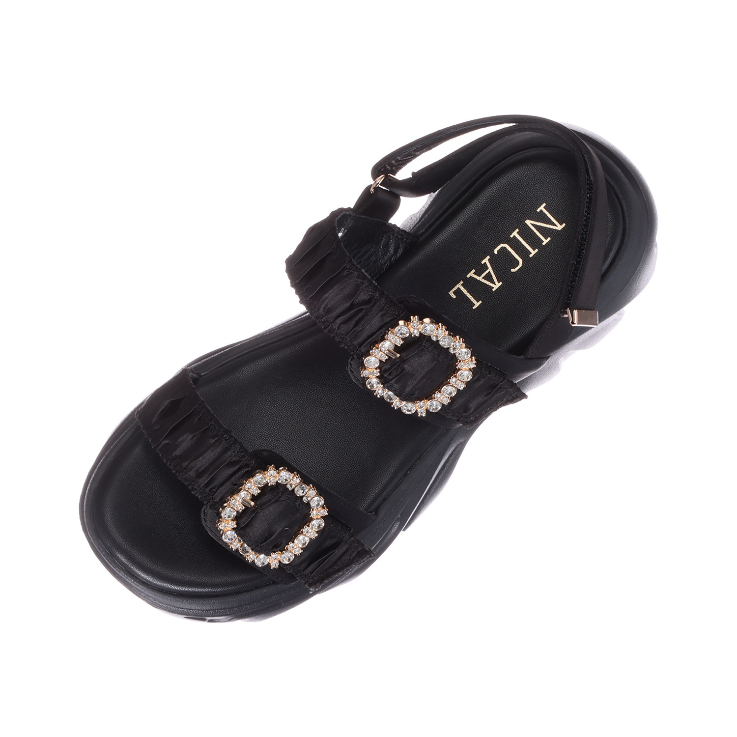 ニカル ビジュウバックル サテンベルト ボリュームサンダル