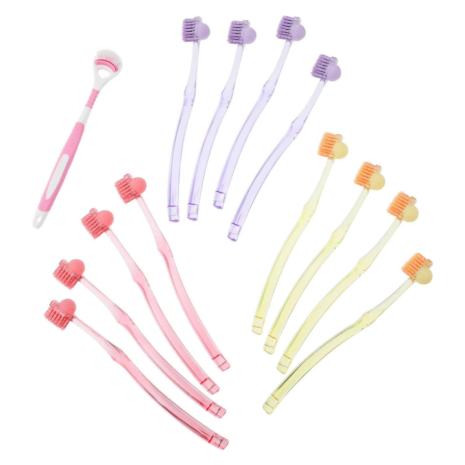 毎日の歯磨きで 口腔内ストレッチ・ 開口トレーニング・ フェイスライン周りの 筋肉をケア！ 画期的なコブ付歯ブラシ コブラシ３色１２本 舌ブラシ付き特別セット