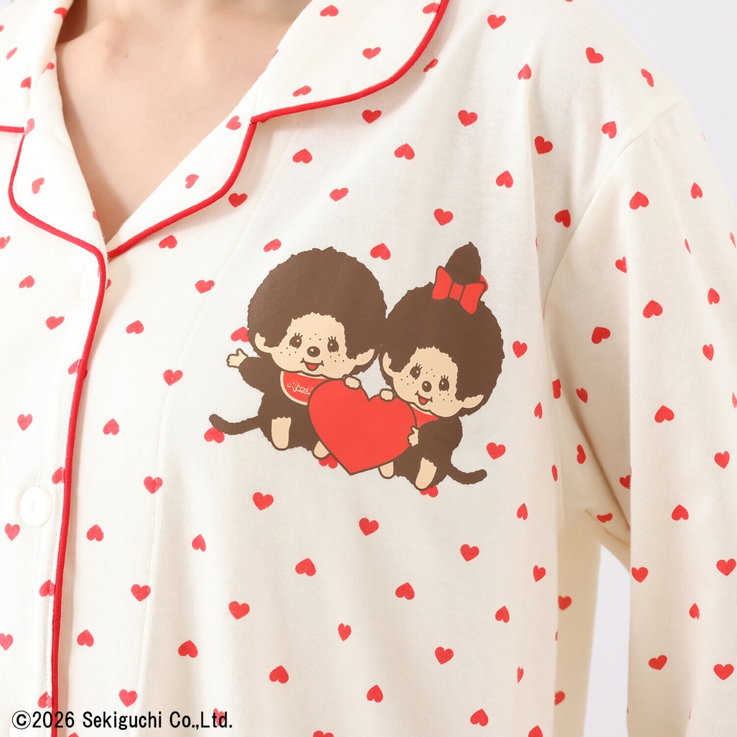 モンチッチ さらっと快適！ 柔らかカットソー ハートプリント モンチッチアクセント シャツスタイルパジャマ