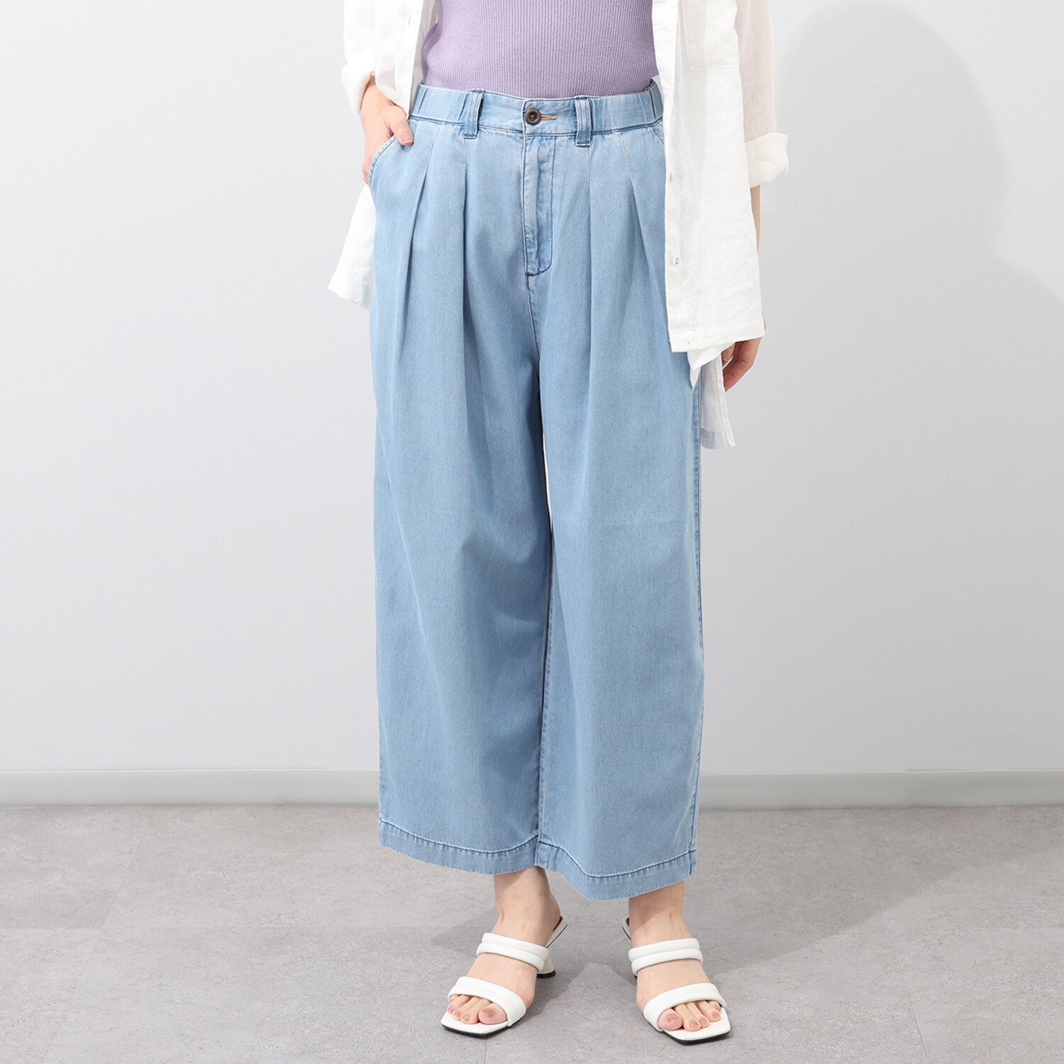 シュガーデプト つややかに風をまとう テンセルコットンデニム タックワイドパンツ