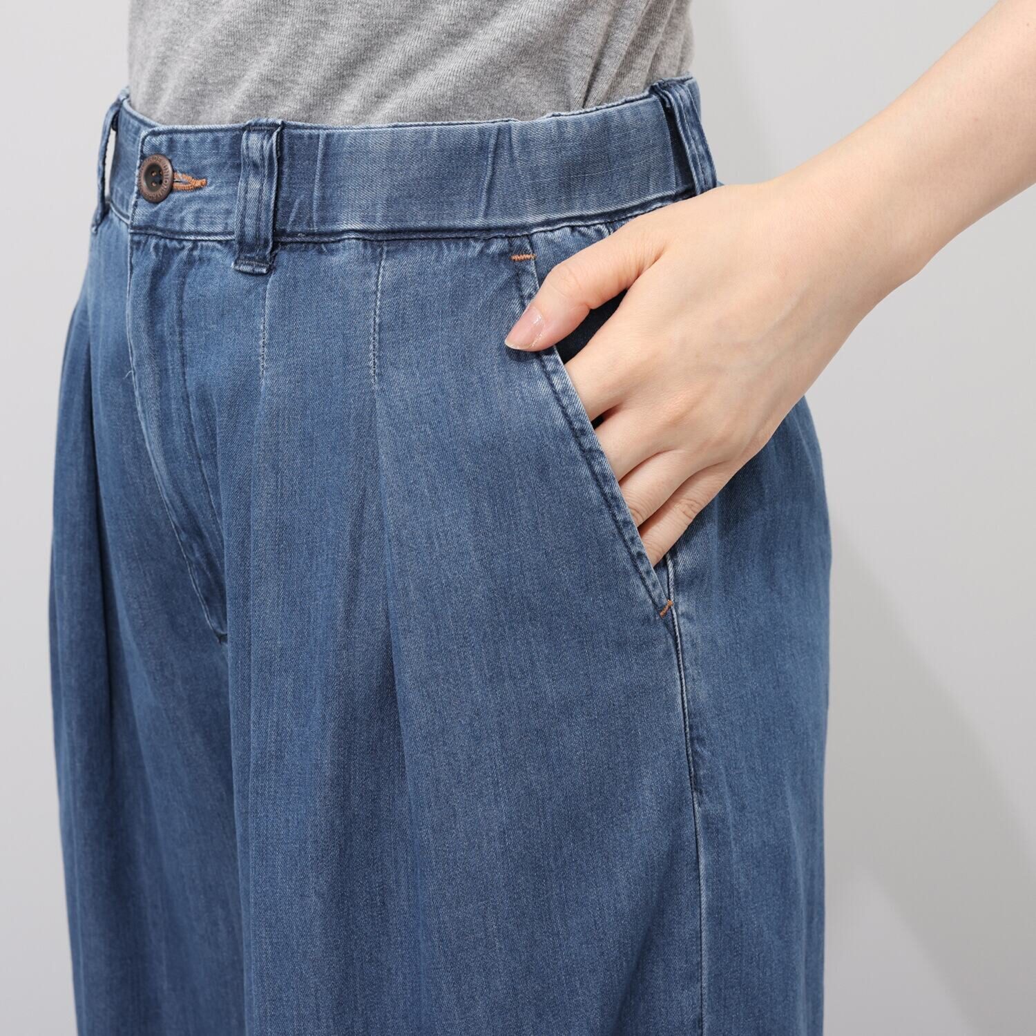 シュガーデプト つややかに風をまとう テンセルコットンデニム タックワイドパンツ
