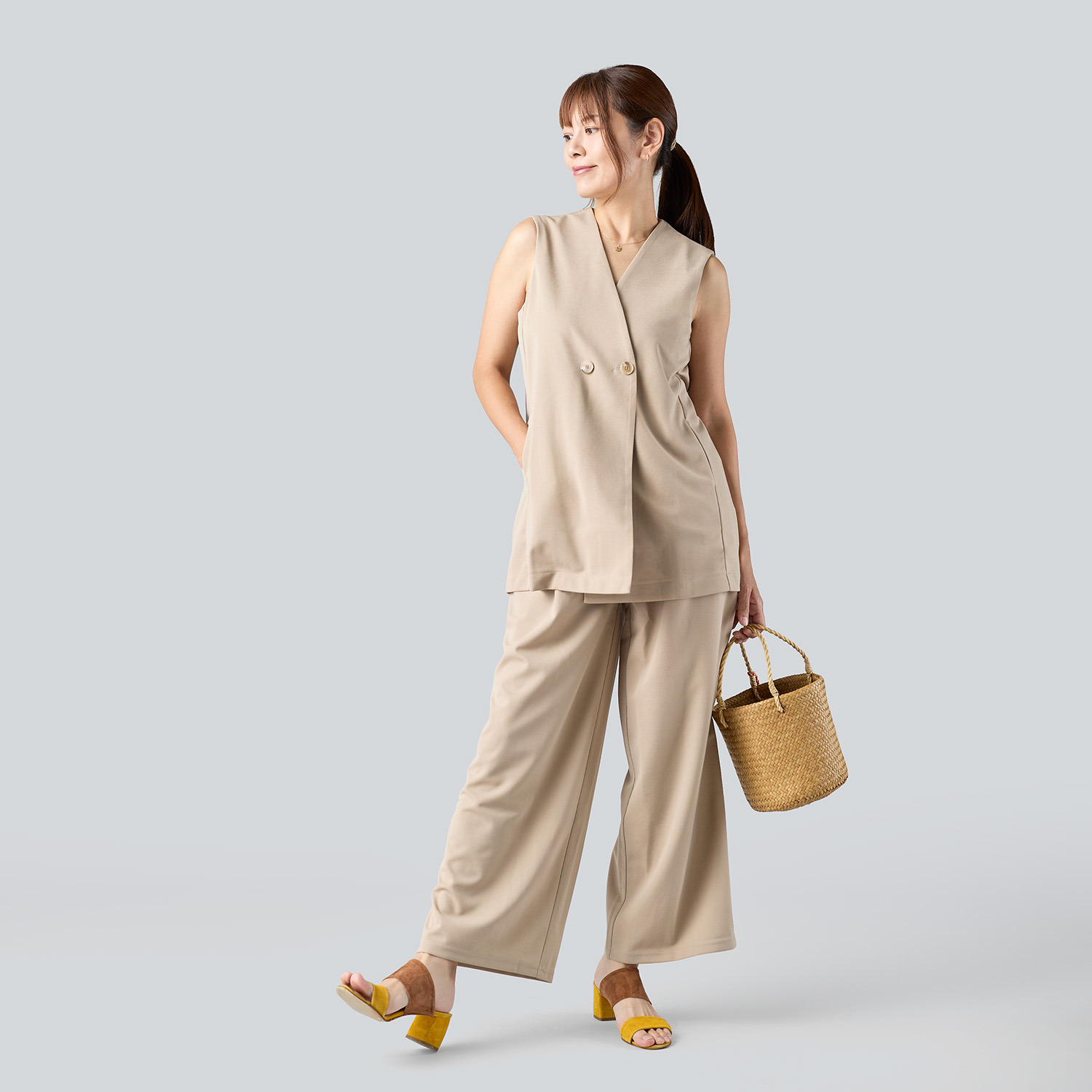 マンスリートライミー ドライタッチジャージー すっきり見えロングジレ＆ ワイドパンツ２点セット