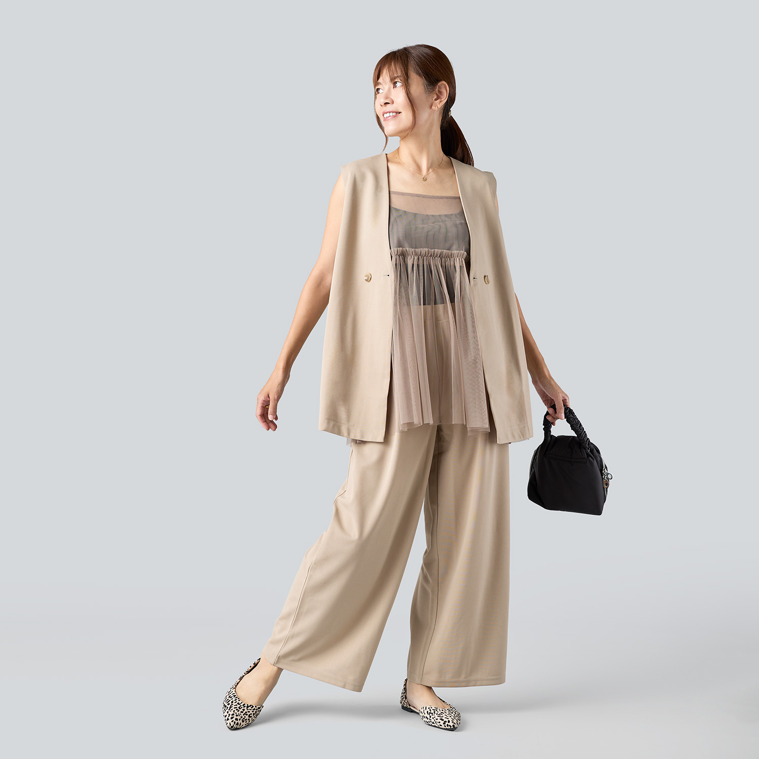 マンスリートライミー ドライタッチジャージー すっきり見えロングジレ＆ ワイドパンツ２点セット